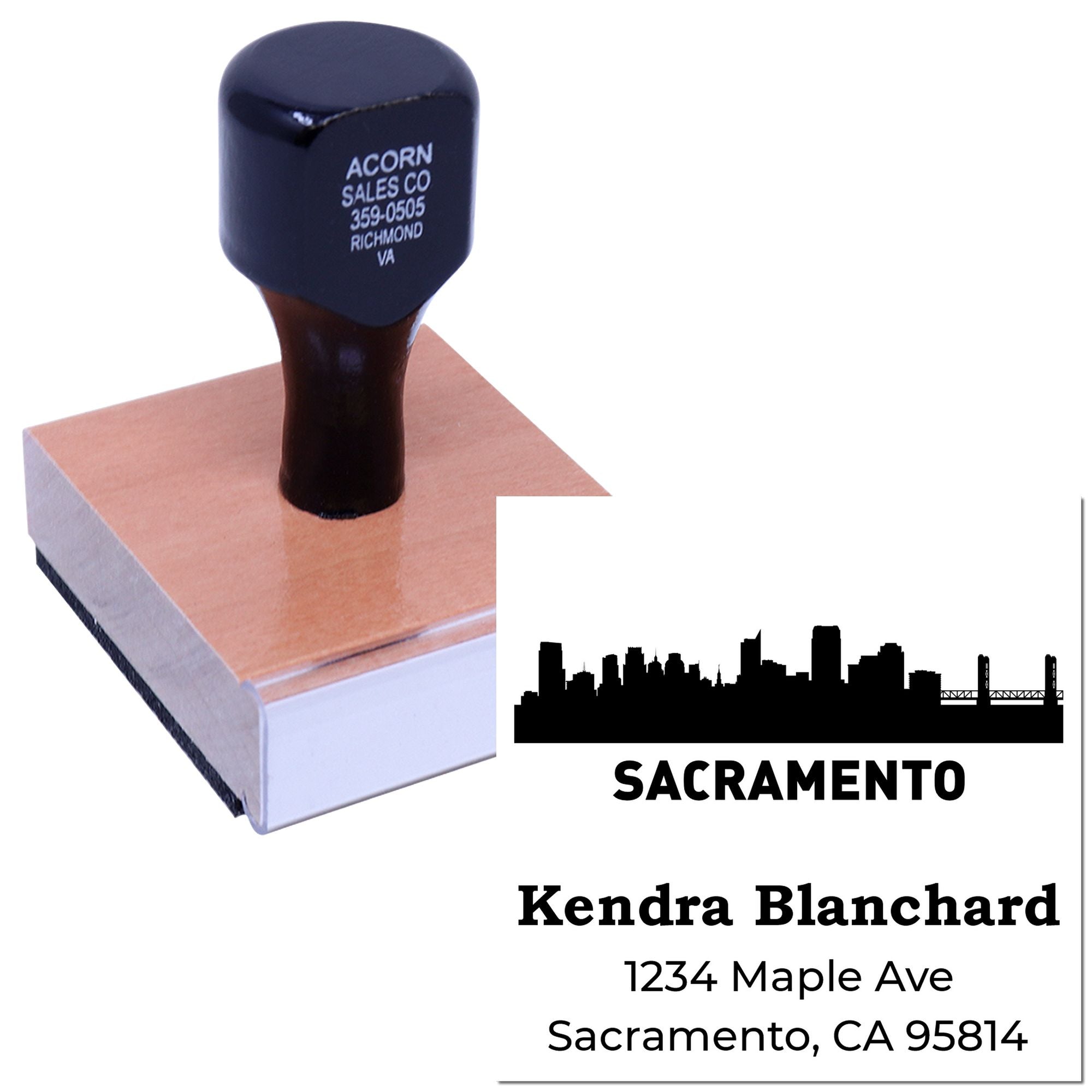 Custom rubber address stamp with Sacramento skyline and personalized return address for business or mailing use.