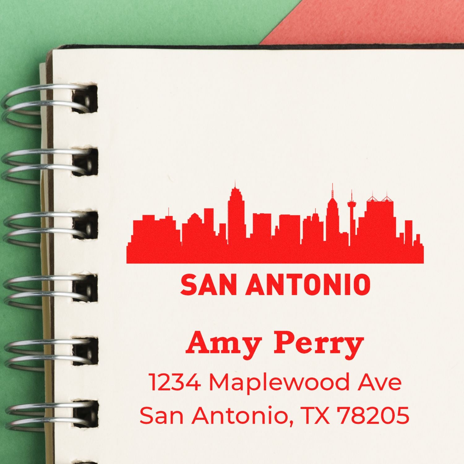 Custom San Antonio address rubber stamp with skyline design for personalized stationery, featuring Amy Perry and Texas address.