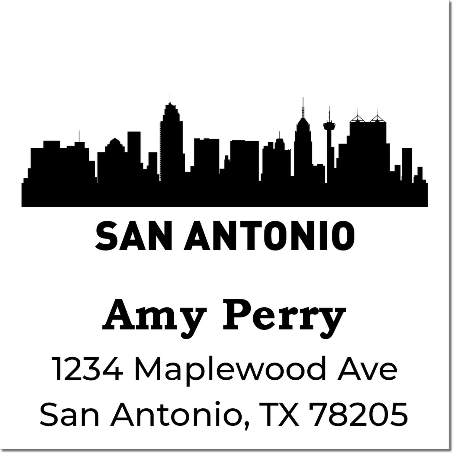 Custom San Antonio address rubber stamp with skyline, Amy Perry, and 1234 Maplewood Ave, San Antonio, TX 78205.