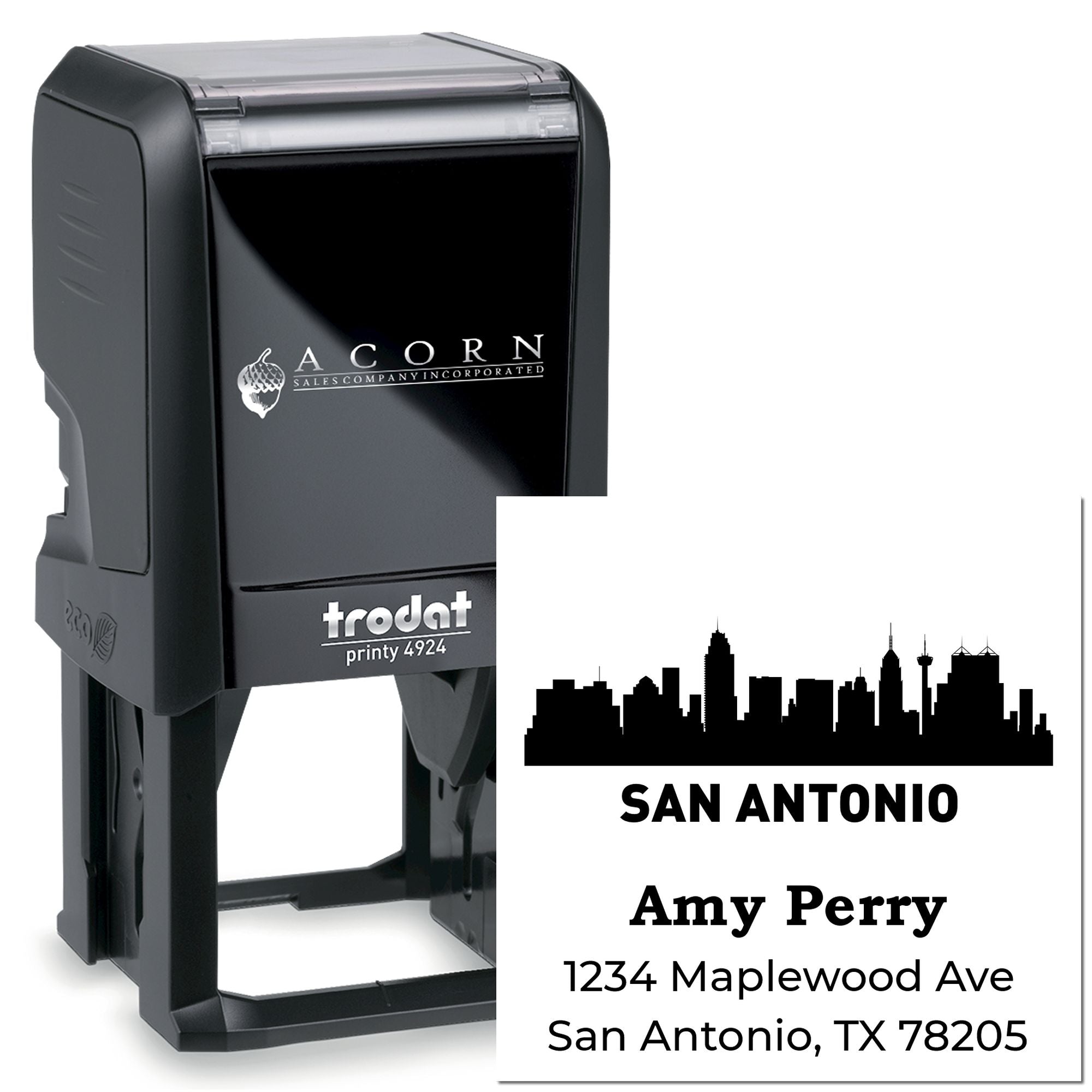 Custom self-inking rubber stamp with San Antonio skyline, Amy Perry address, and Trodat Printy 4924 for business mailing.