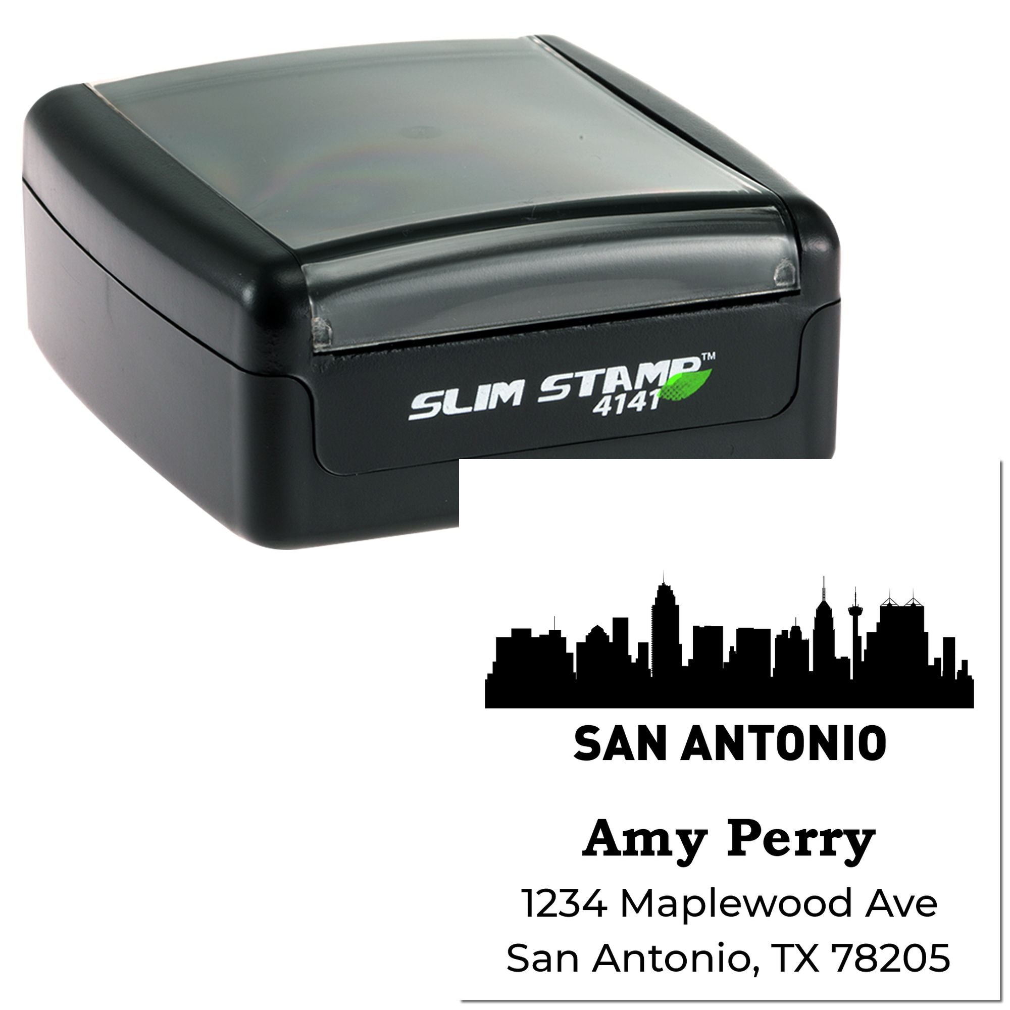 Custom self-inking address rubber stamp with San Antonio skyline, Amy Perry return address, and 78205 mailing details.