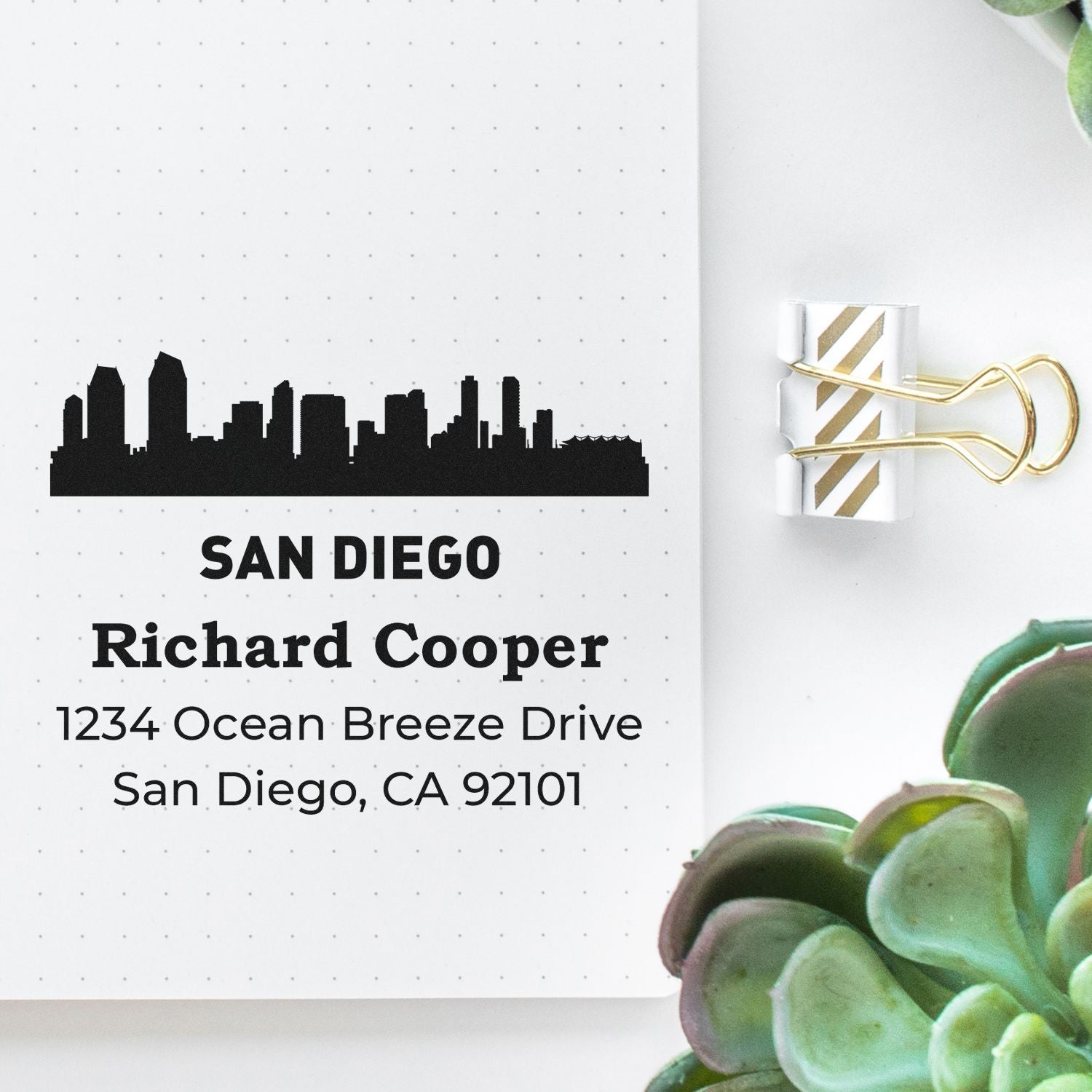 Custom San Diego skyline return address rubber stamp with personalized name and address for mailing and stationery.