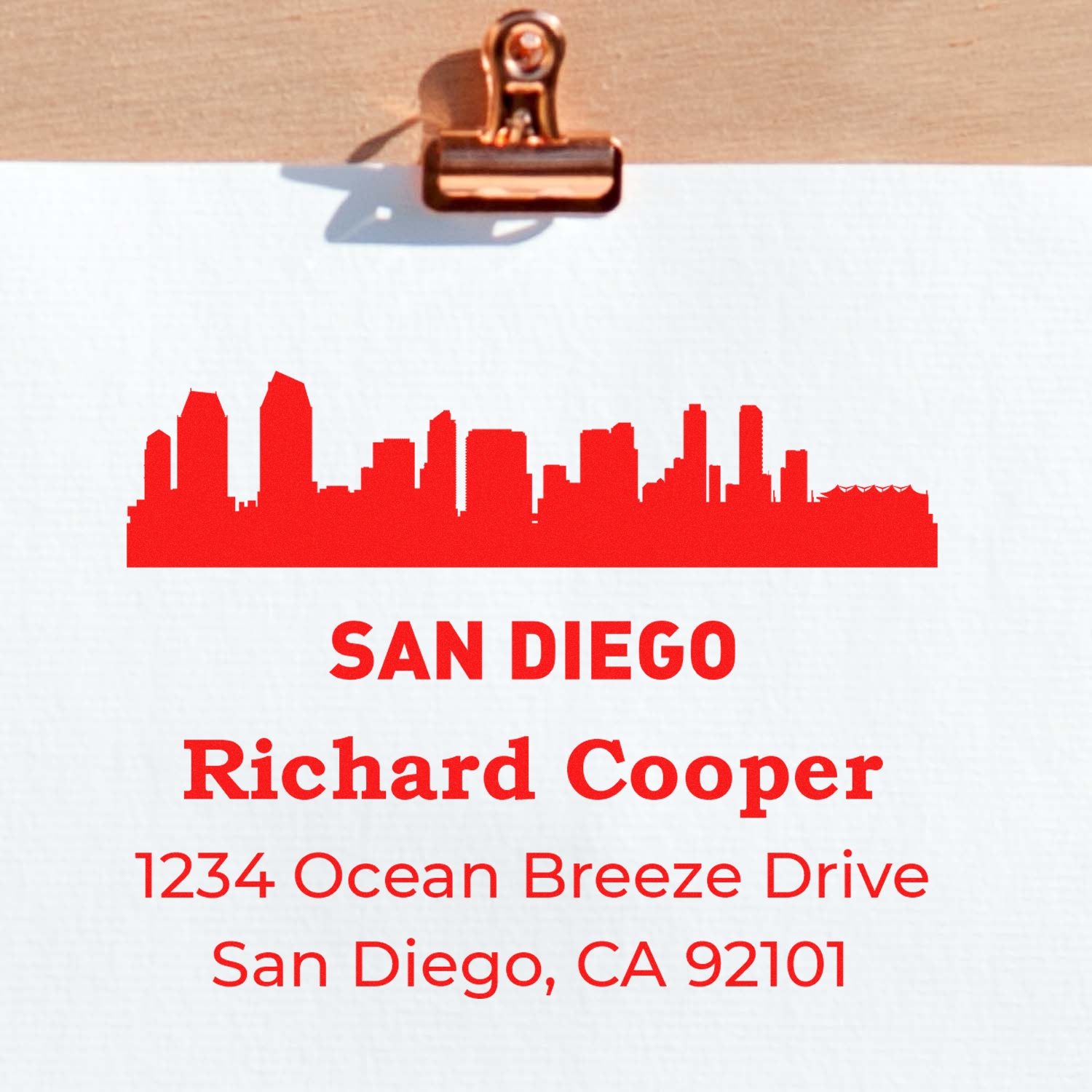 Personalized San Diego return address rubber stamp with skyline design for Richard Cooper, 1234 Ocean Breeze Drive, CA 92101