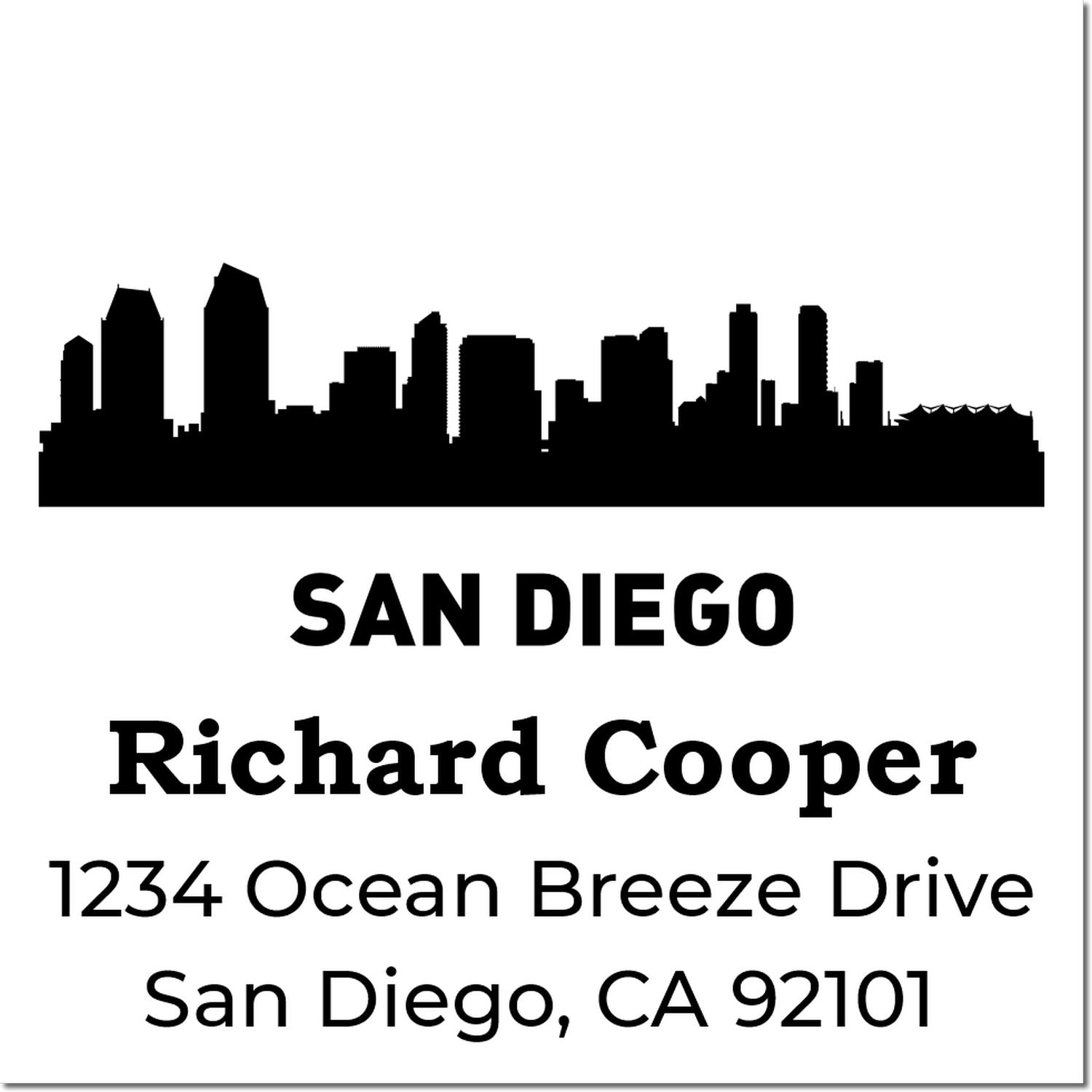 Custom San Diego address rubber stamp with skyline, Richard Cooper, 1234 Ocean Breeze Drive, San Diego, CA 92101.