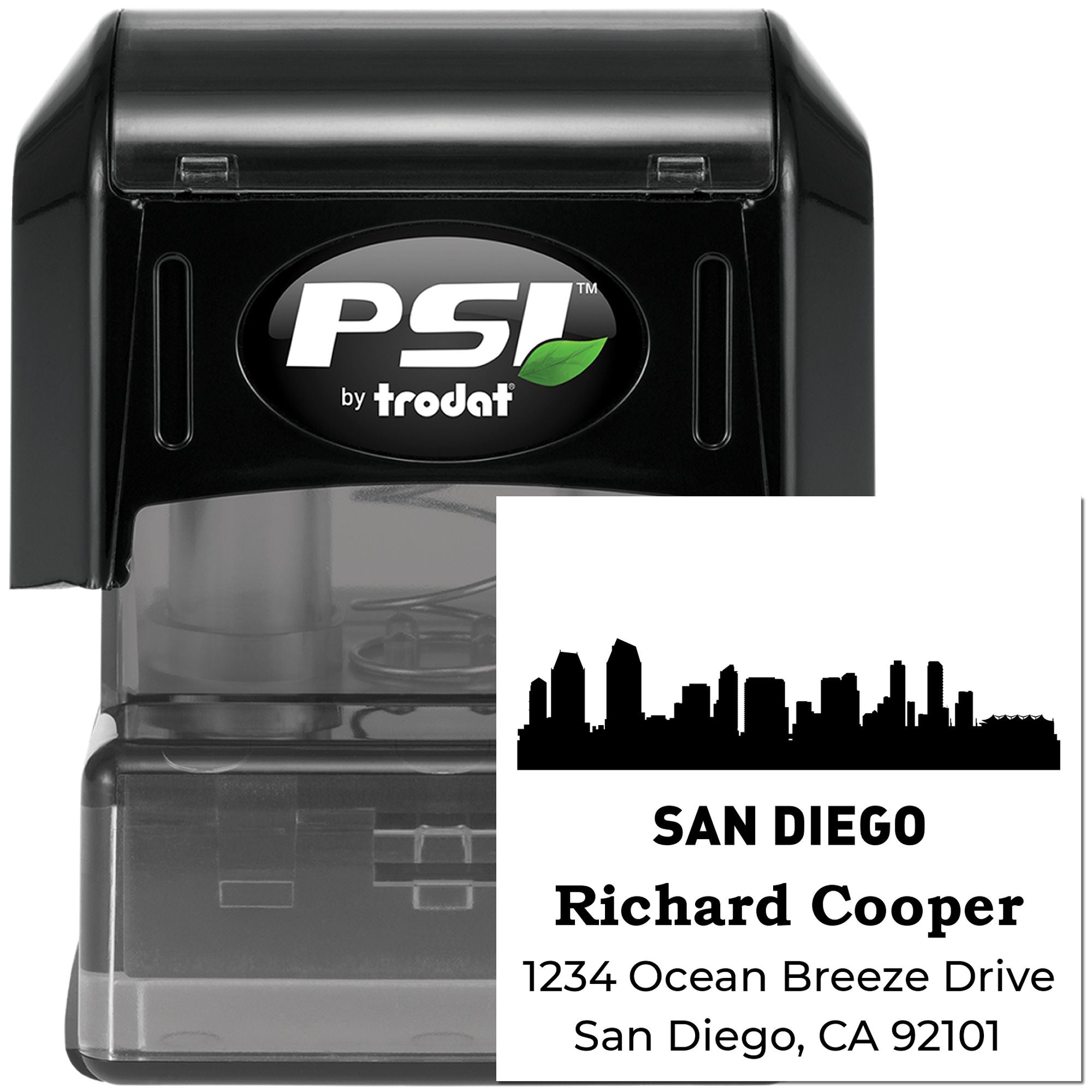 PSI by Trodat self-inking rubber stamp with custom San Diego address and skyline for mailing labels.