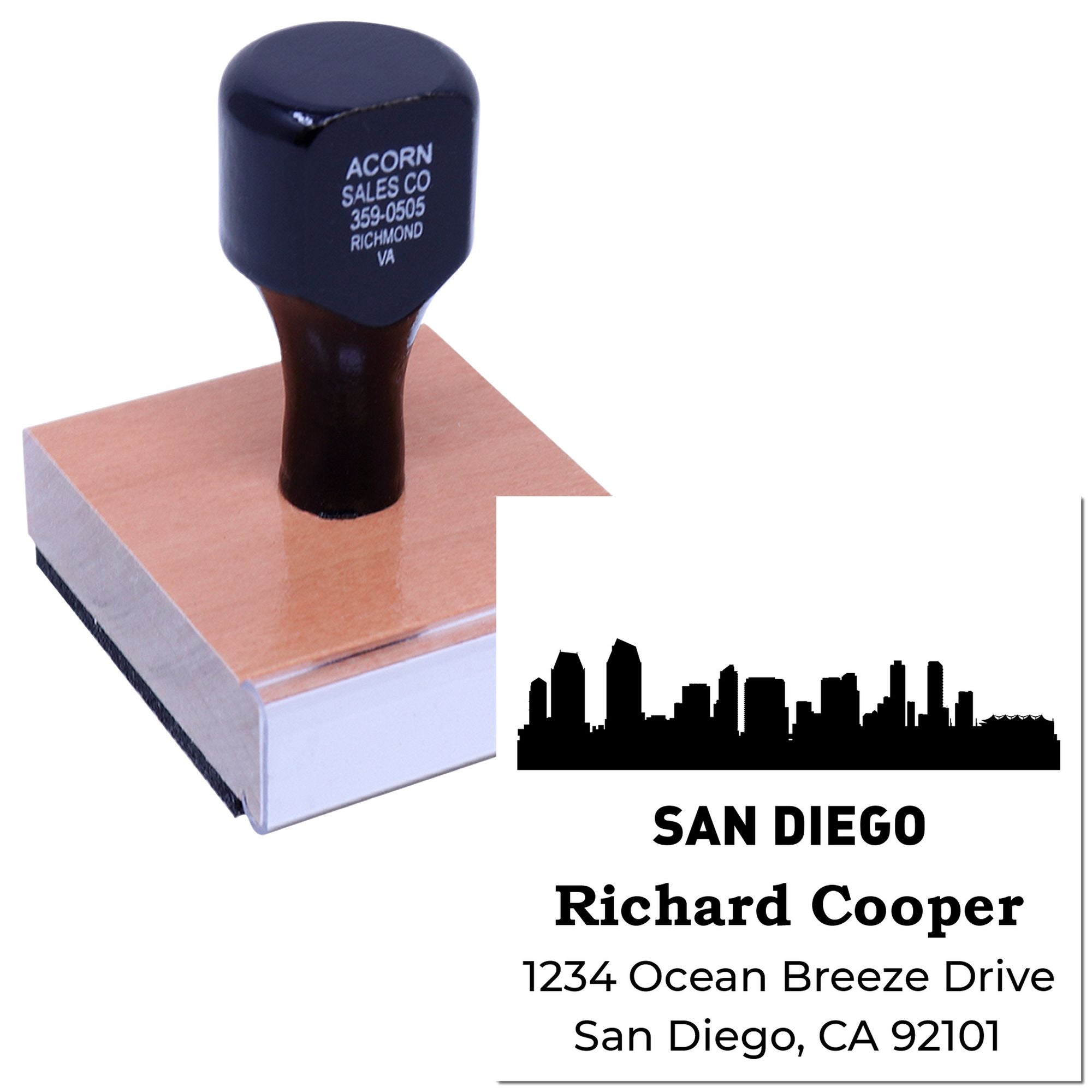 Custom address rubber stamp with San Diego skyline design for envelopes, stationery, and business mail.