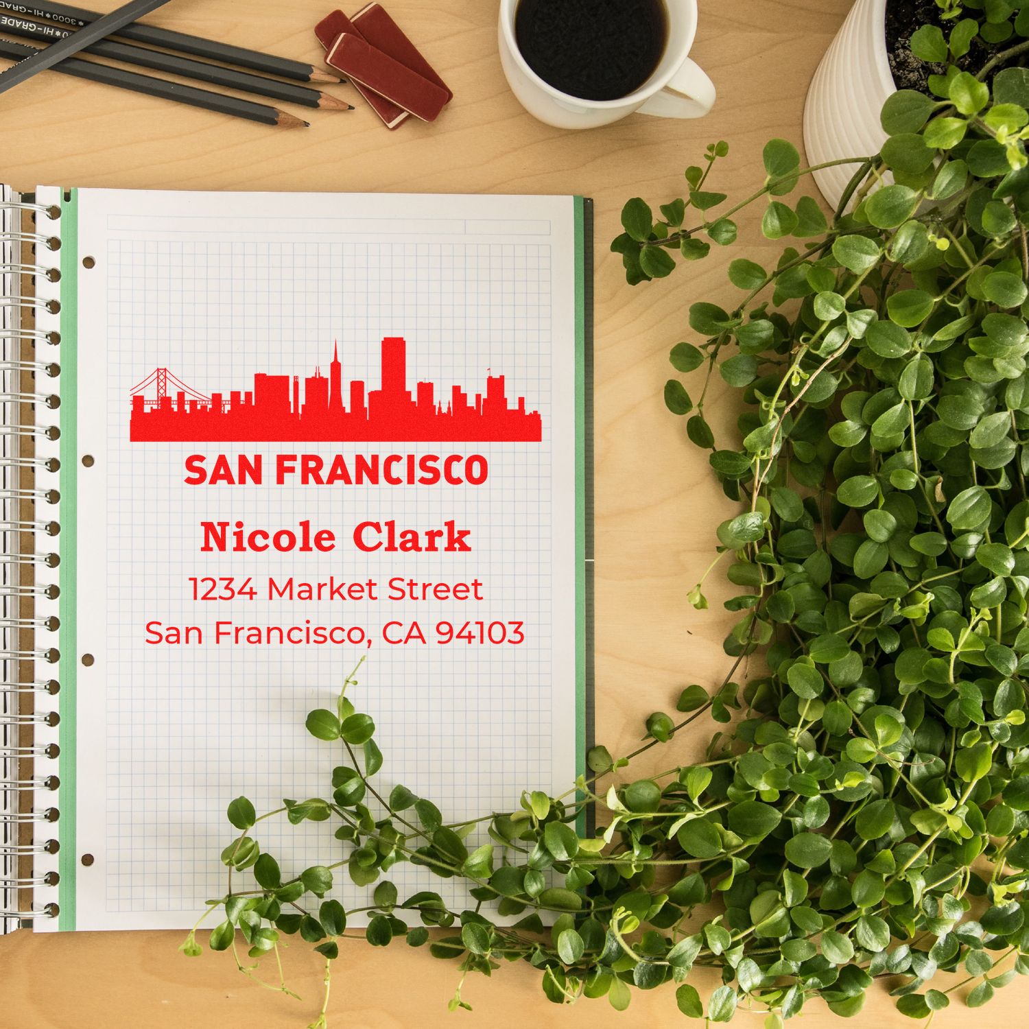 Custom San Francisco return address rubber stamp impression for Nicole Clark, 1234 Market Street, CA 94103.