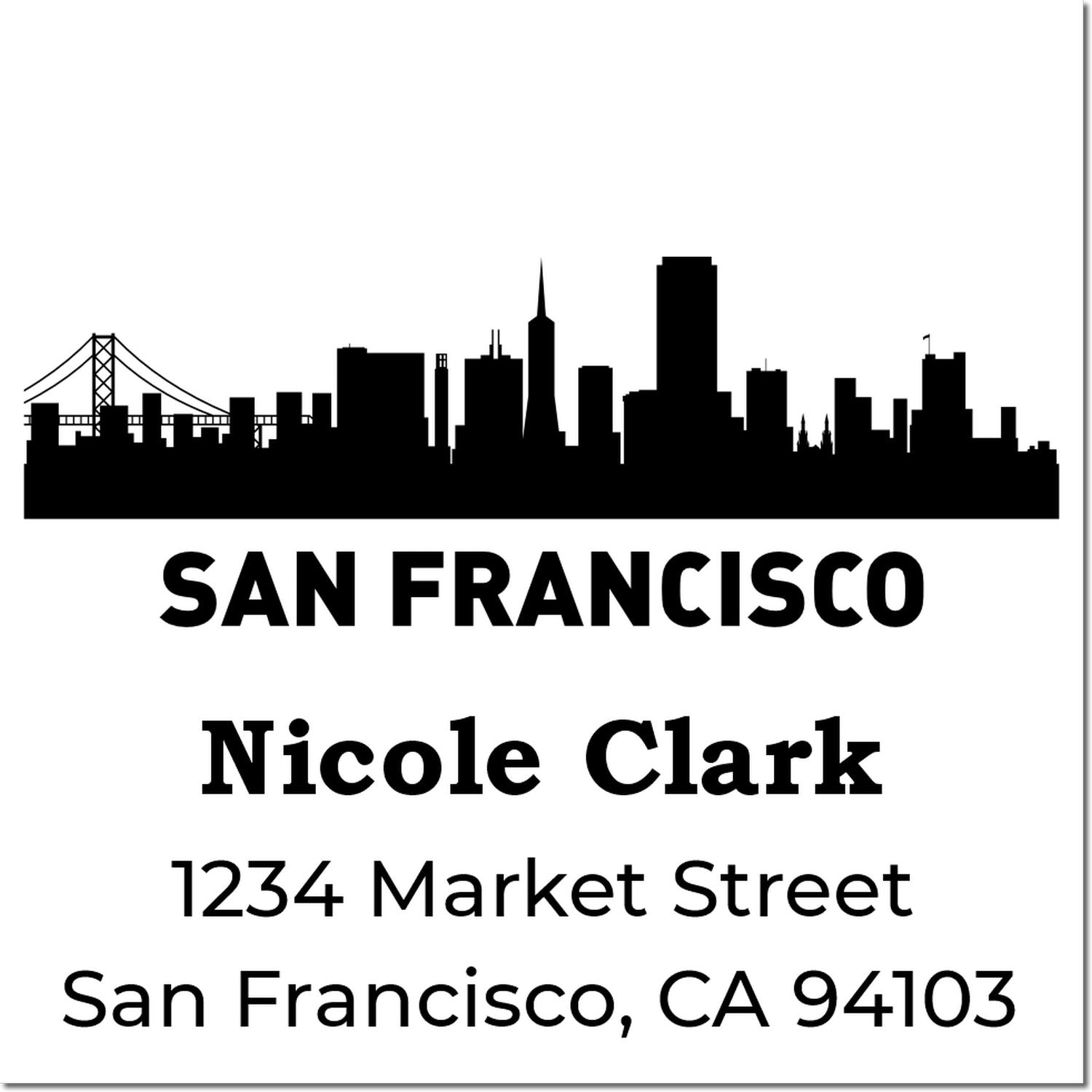 San Francisco skyline return address rubber stamp with Nicole Clark, 1234 Market Street, CA 94103.