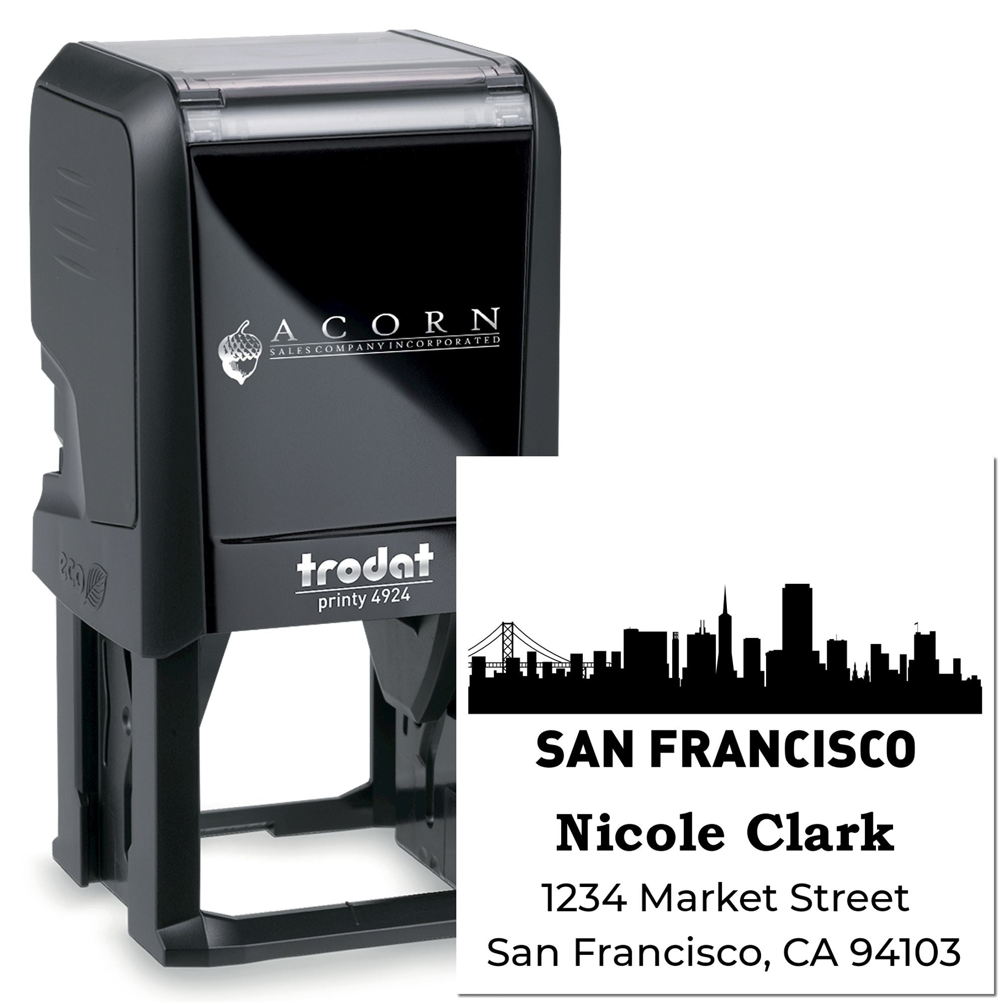 Custom self-inking rubber stamp for San Francisco address labels, featuring skyline design and Trodat Printy 4924.