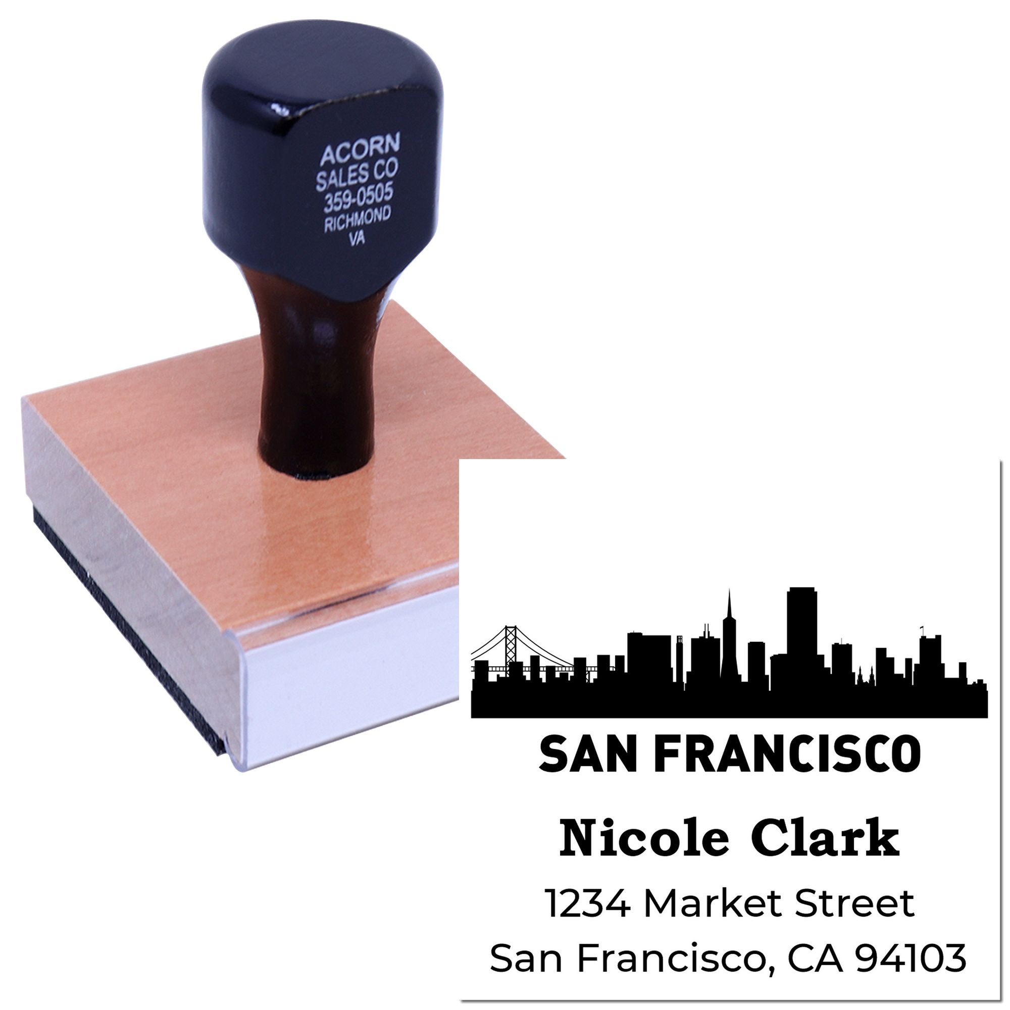 Custom rubber address stamp with San Francisco skyline design for Nicole Clark, 1234 Market Street, San Francisco, CA 94103.