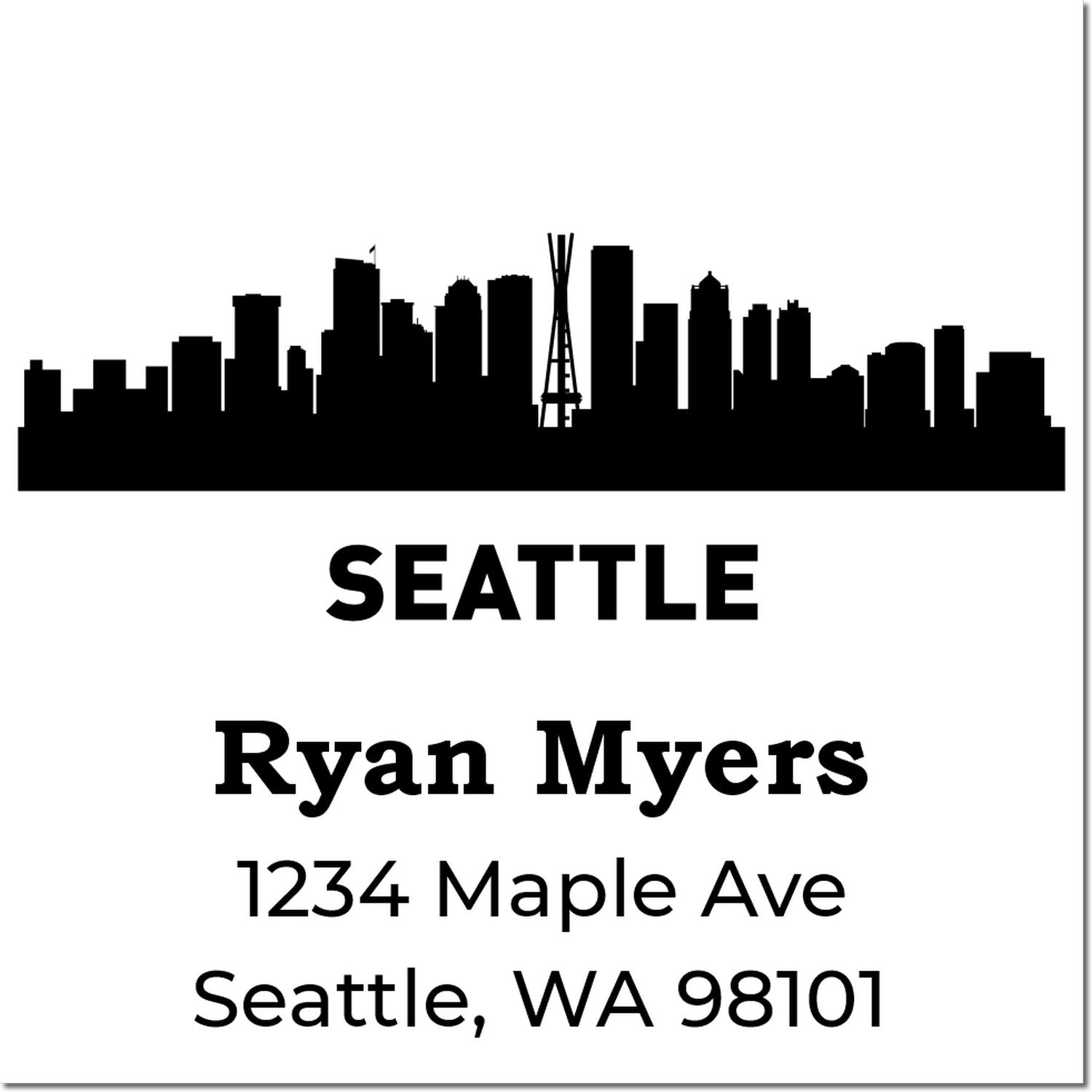 Custom Seattle skyline address rubber stamp for Ryan Myers, 1234 Maple Ave, Seattle, WA 98101.