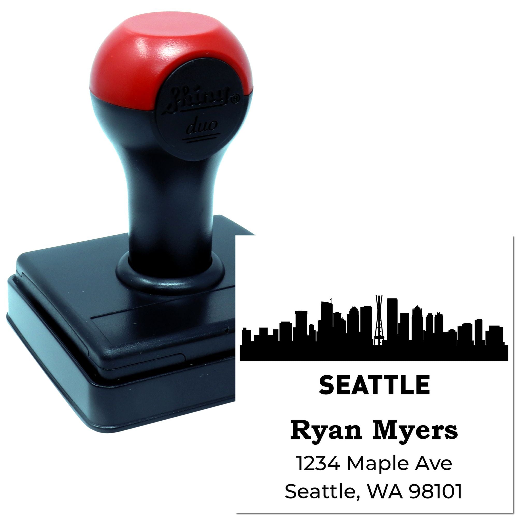 Custom self-inking Seattle address rubber stamp with skyline design for mailing envelopes and business correspondence
