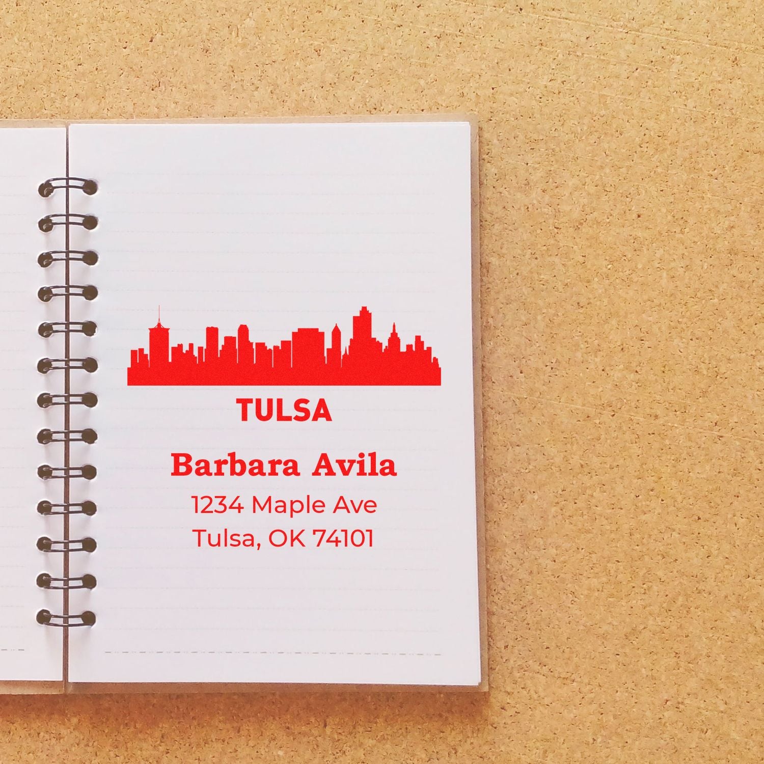 Custom Tulsa skyline return address rubber stamp for Barbara Avila, 1234 Maple Ave, Tulsa, OK 74101