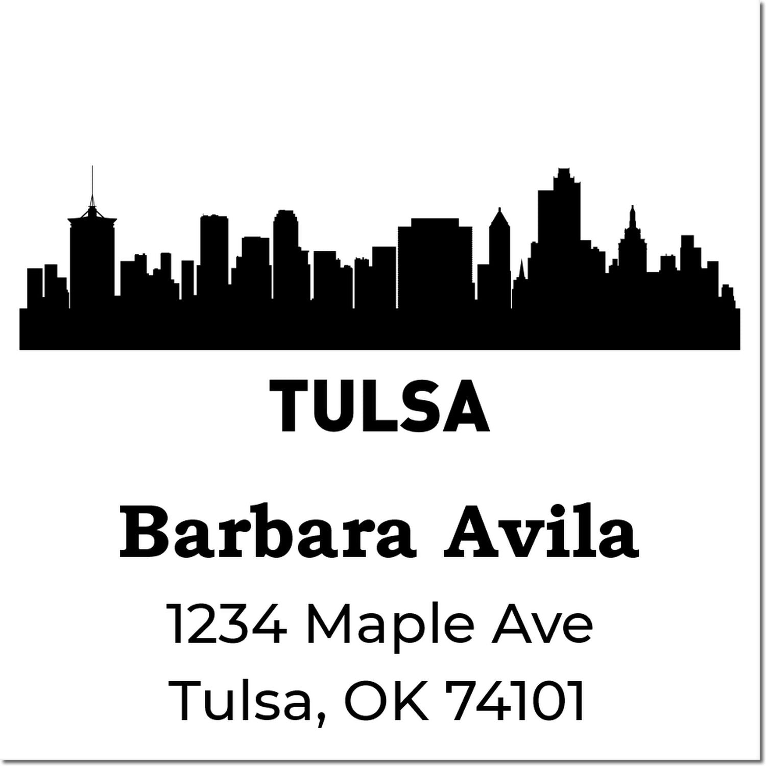 Custom Tulsa skyline return address rubber stamp for Barbara Avila, 1234 Maple Ave, Tulsa, OK 74101.
