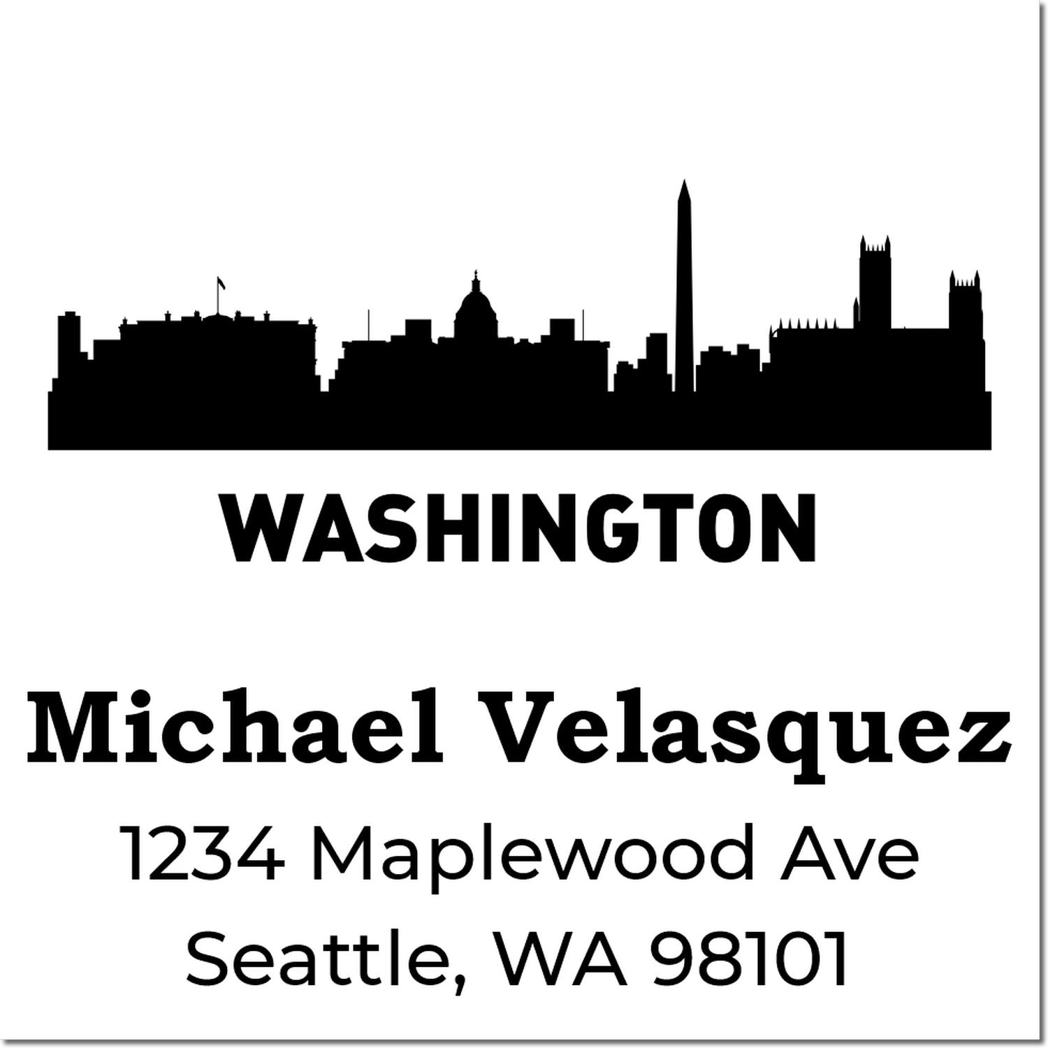 Custom Washington skyline return address rubber stamp for Michael Velasquez, Seattle, WA 98101.