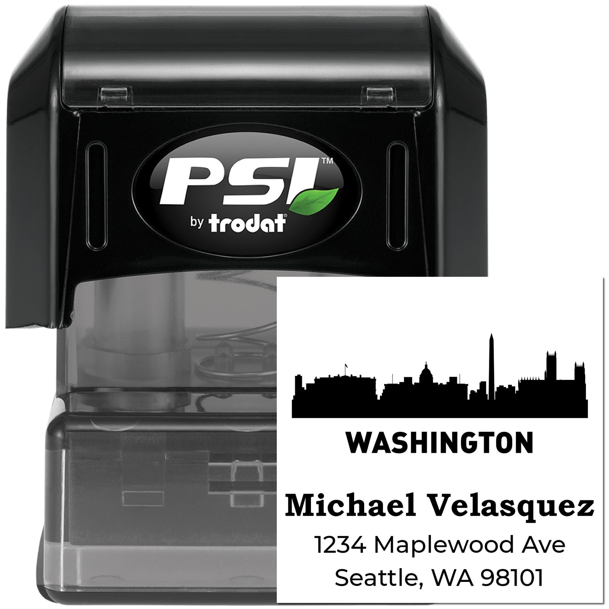 Custom self-inking address rubber stamp with Washington skyline, Michael Velasquez, Seattle, WA address by PSI Trodat.