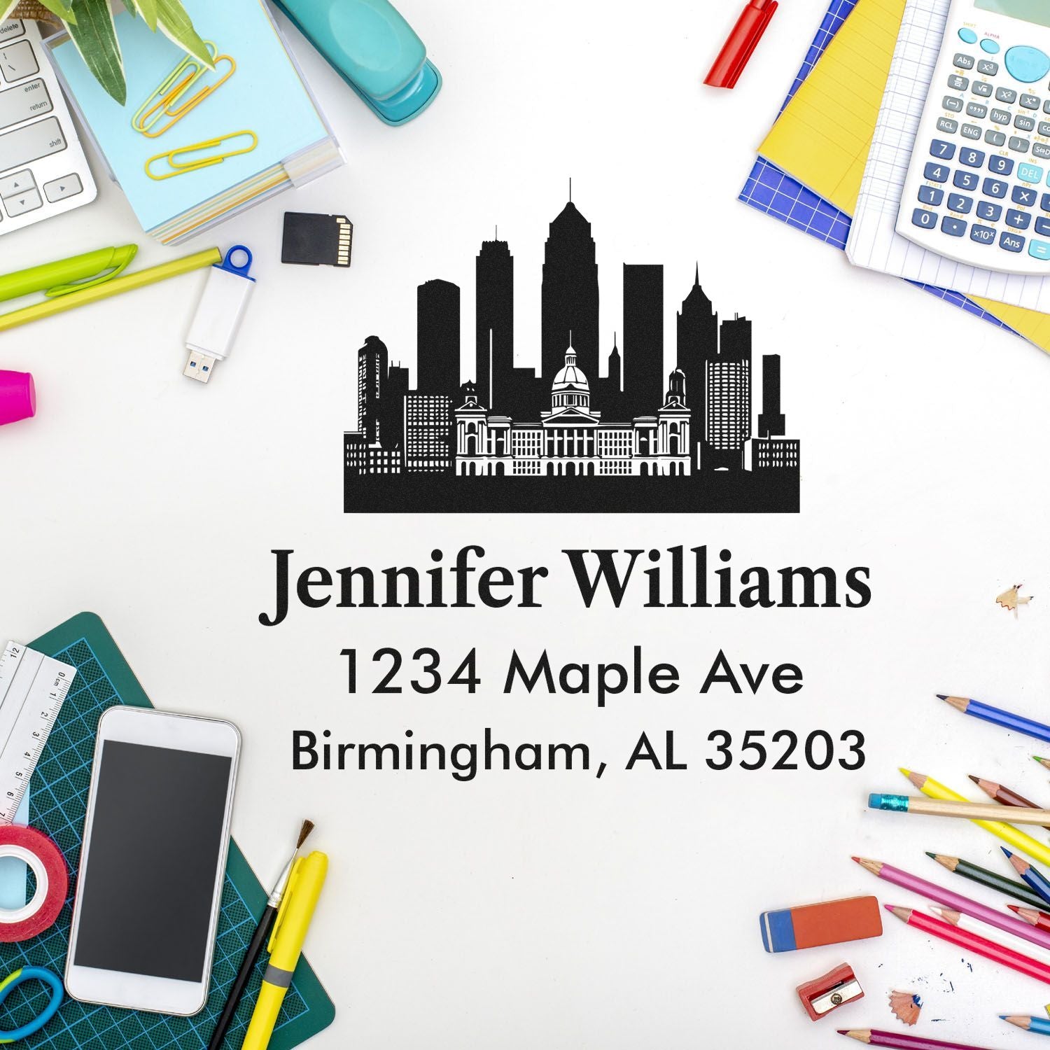 Custom address rubber stamp with Birmingham skyline, personalized for Jennifer Williams, 1234 Maple Ave, Birmingham, AL 35203.
