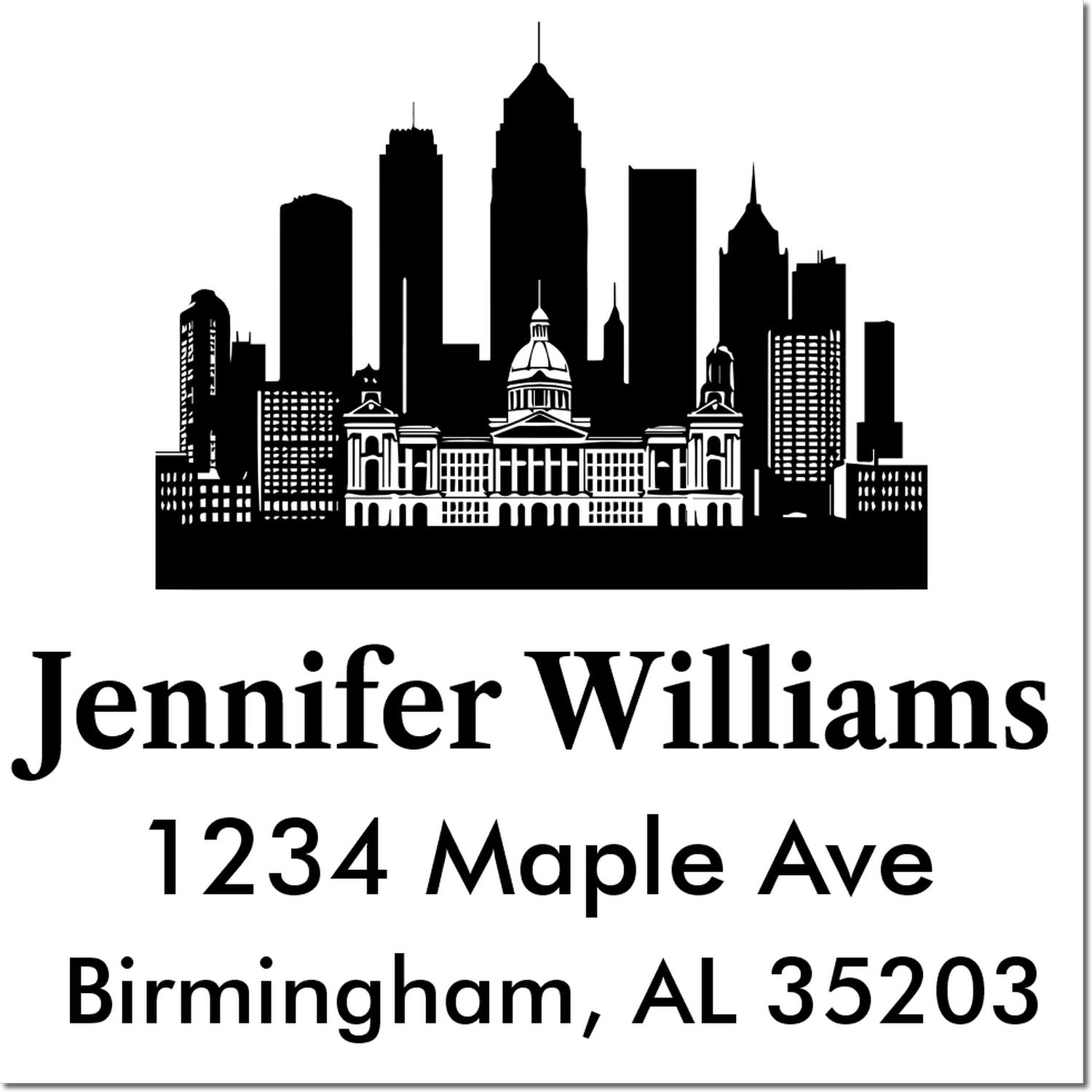 Custom Birmingham, AL address stamp with skyline design, Jennifer Williams name, and 1234 Maple Ave return address.
