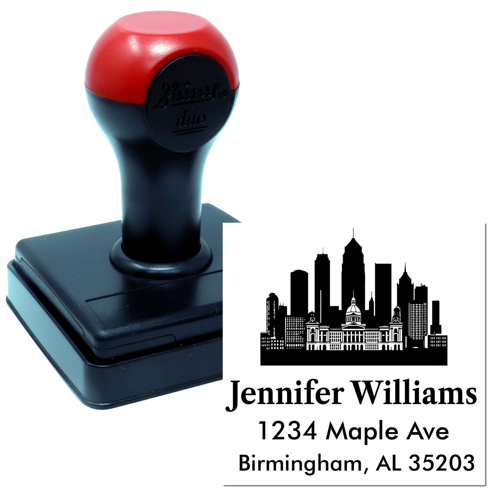 Self-inking custom address rubber stamp with skyline design for personalized mailing, featuring name and Birmingham, AL address.