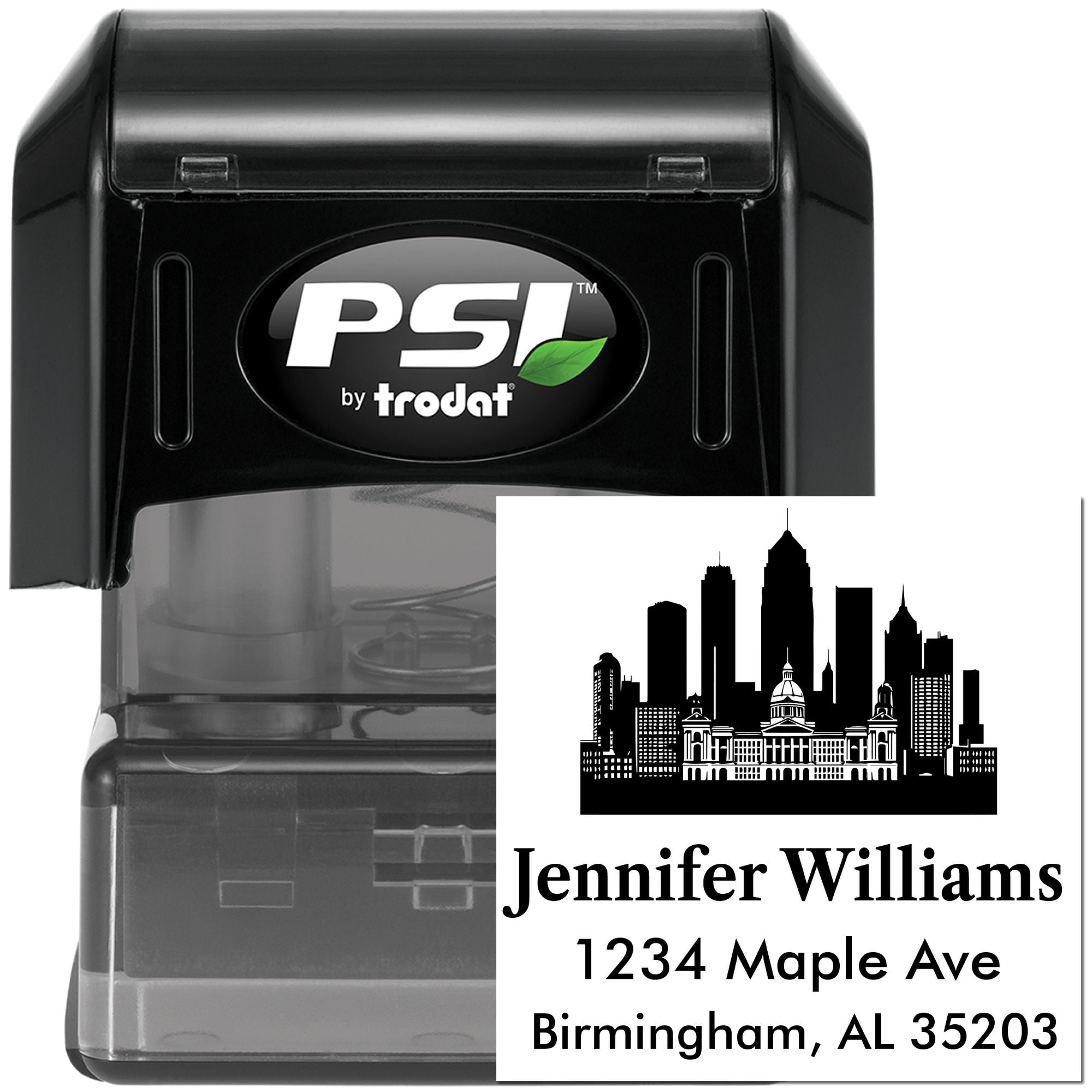 PSI by Trodat self-inking custom return address rubber stamp with Birmingham skyline and Jennifer Williams address.