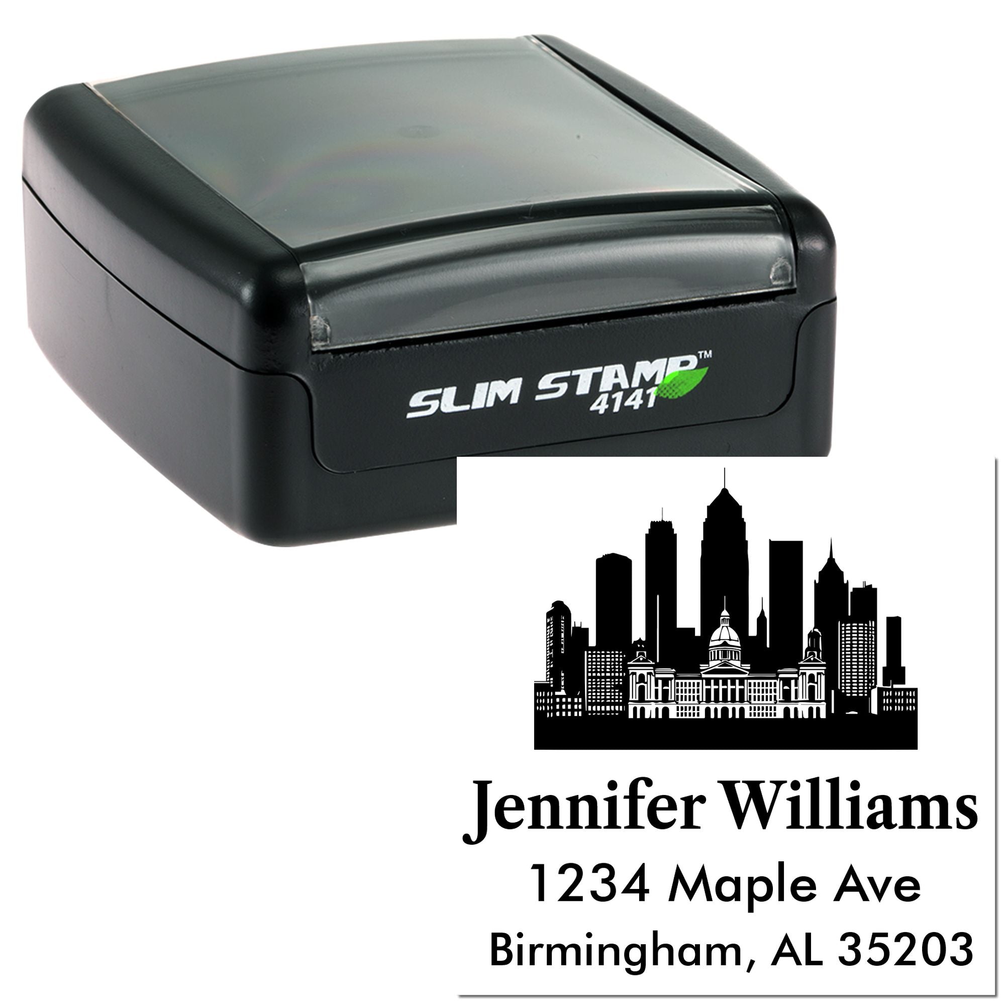 Custom self-inking rubber stamp with skyline return address design for Jennifer Williams, Birmingham, AL.