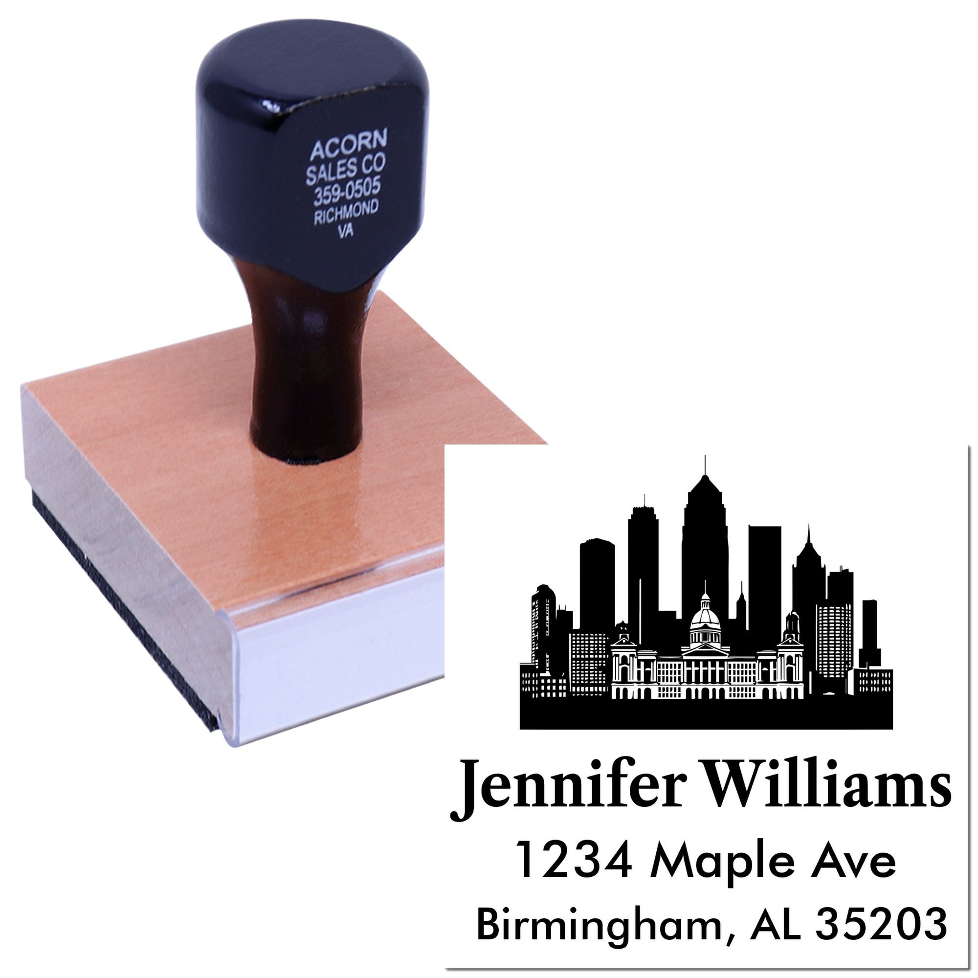 Custom rubber stamp with personalized return address, city skyline logo, and business name for mailing and branding.