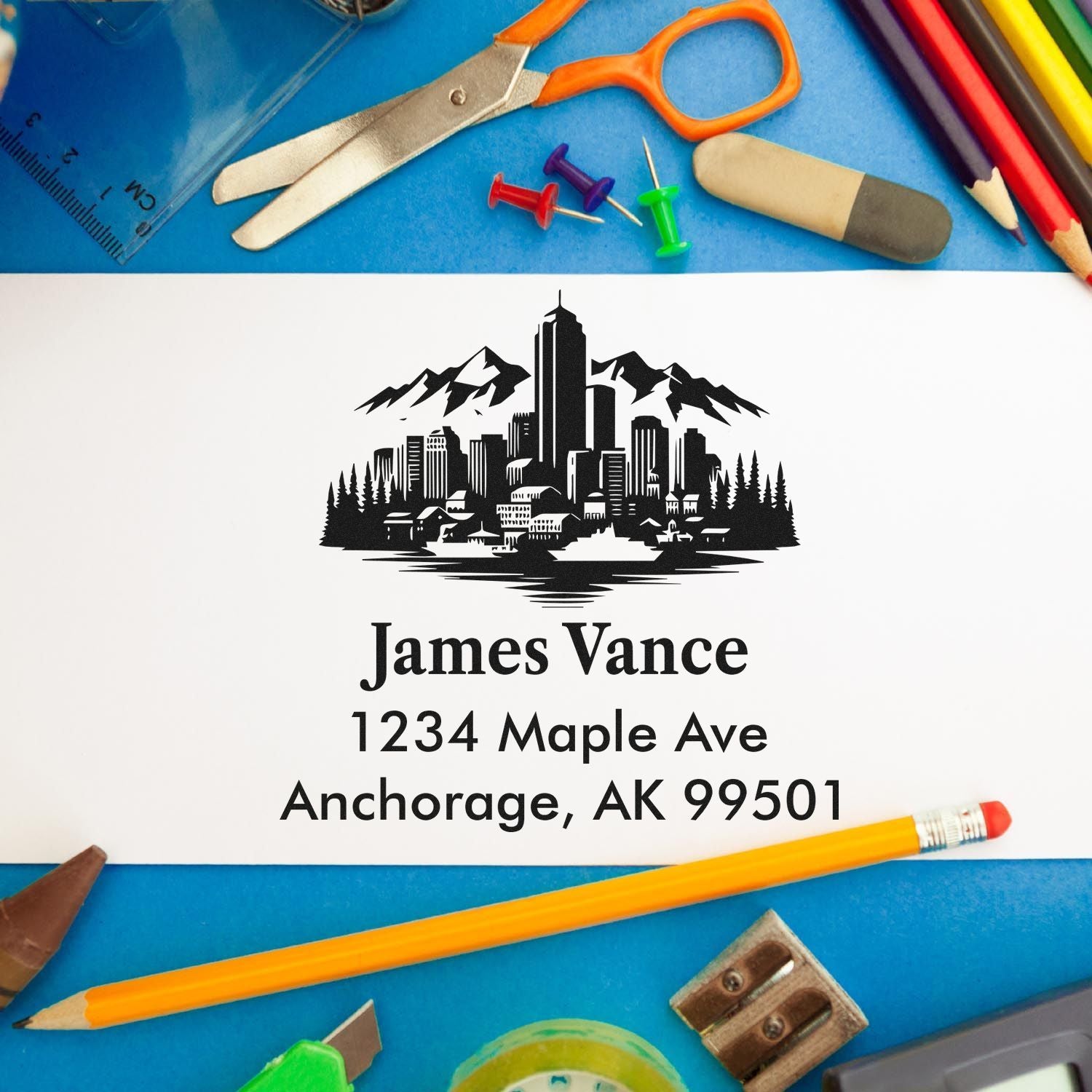 Anchorage Alaska City Silhouette Customized Address 3 Lines Stamp with Wood Handle