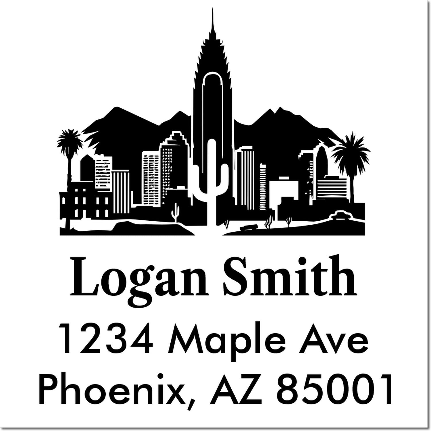 Custom rubber return address stamp with Phoenix skyline and cactus, featuring Logan Smith, 1234 Maple Ave, Phoenix, AZ 85001