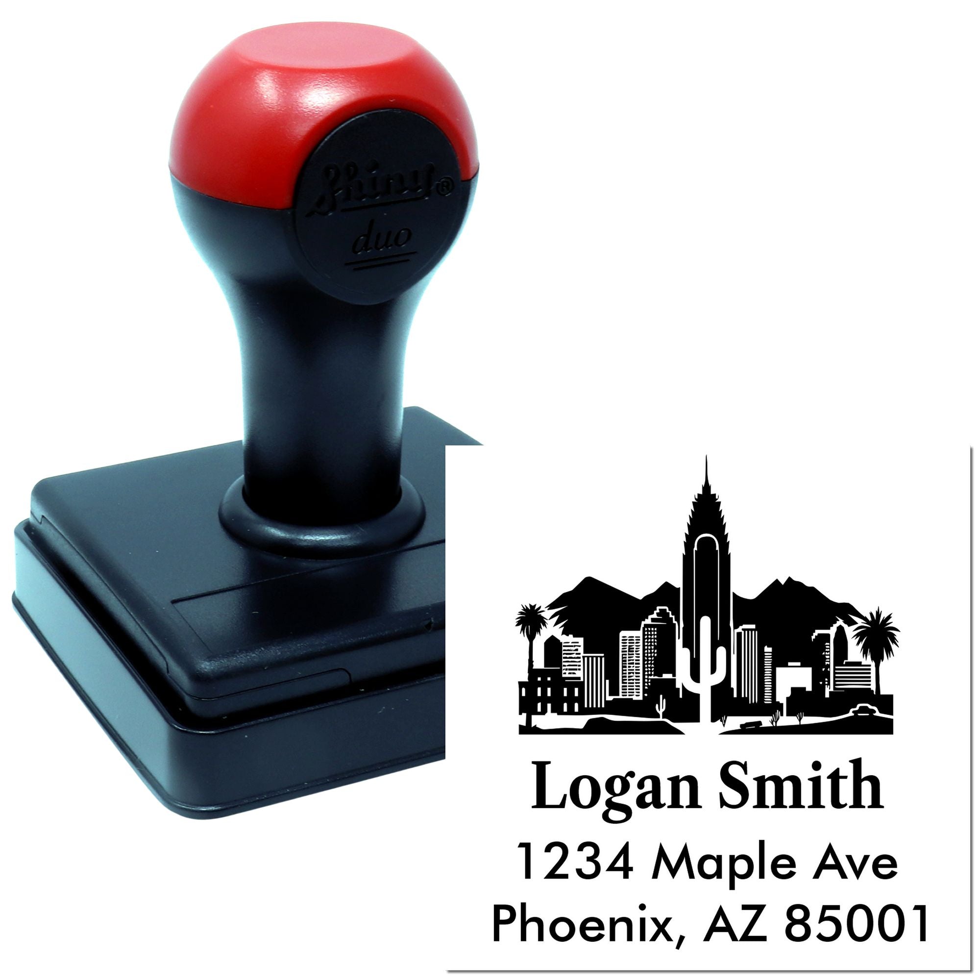 Self-inking custom rubber stamp with Phoenix AZ return address and skyline logo for personalized mailing labels