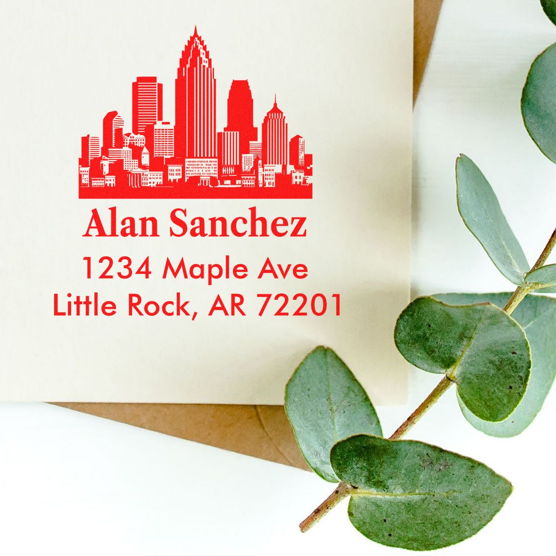 Custom rubber address stamp with Little Rock skyline, Alan Sanchez, 1234 Maple Ave, Little Rock, AR 72201.