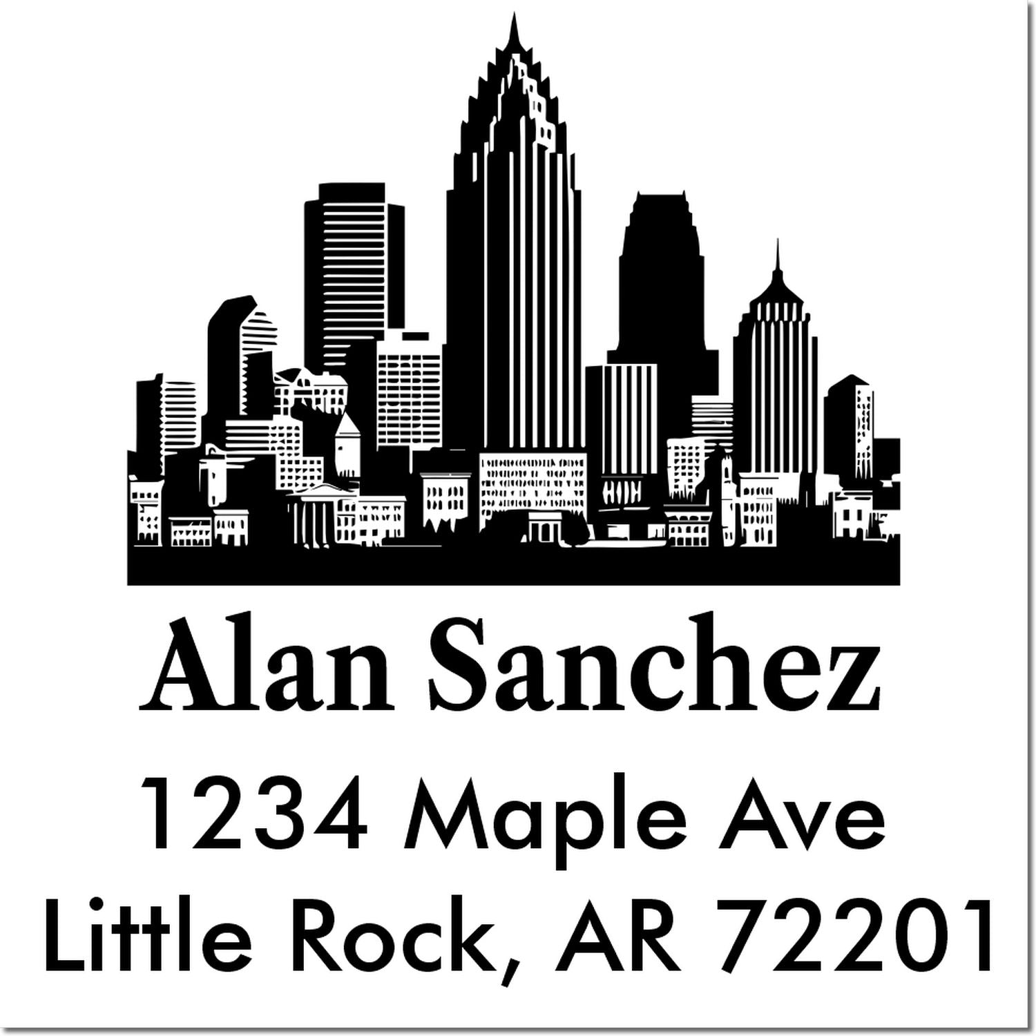 Personalized return address rubber stamp with Little Rock skyline, Alan Sanchez, 1234 Maple Ave, Little Rock, AR 72201.
