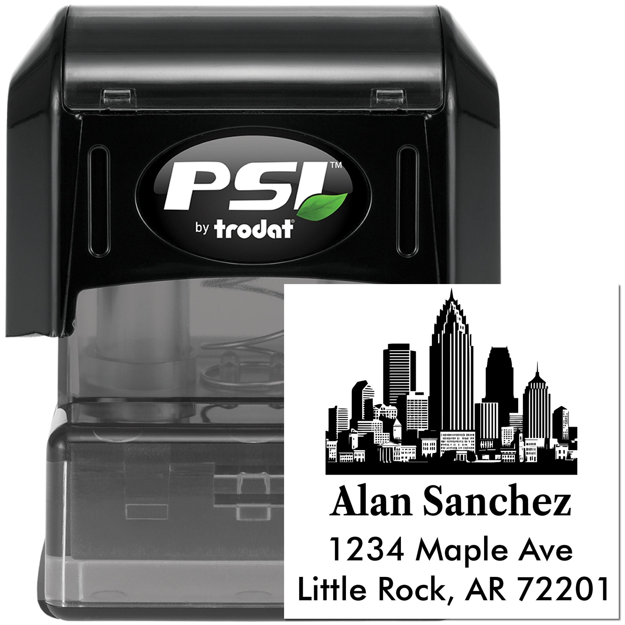 PSI by Trodat self-inking custom rubber address stamp with skyline, Alan Sanchez name, and Little Rock, AR return address.