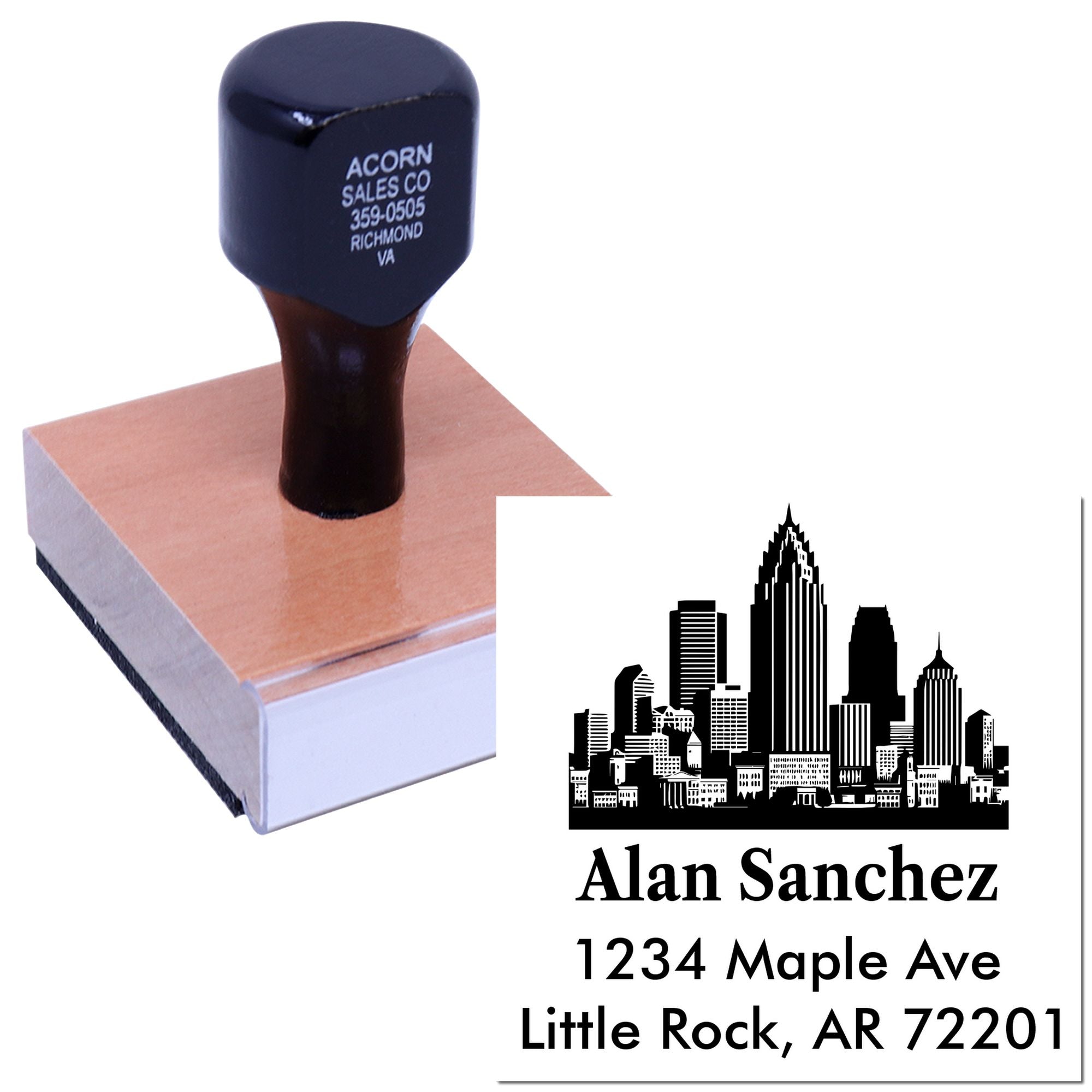 Custom rubber address stamp with skyline logo for personalized business mailings, featuring Alan Sanchez and Little Rock, AR.