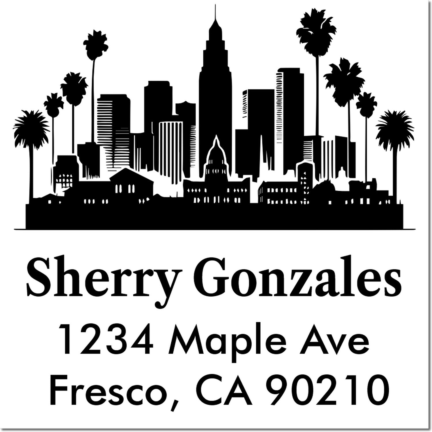 Custom return address rubber stamp with skyline and palm trees for Sherry Gonzales, 1234 Maple Ave, Fresco, CA 90210.