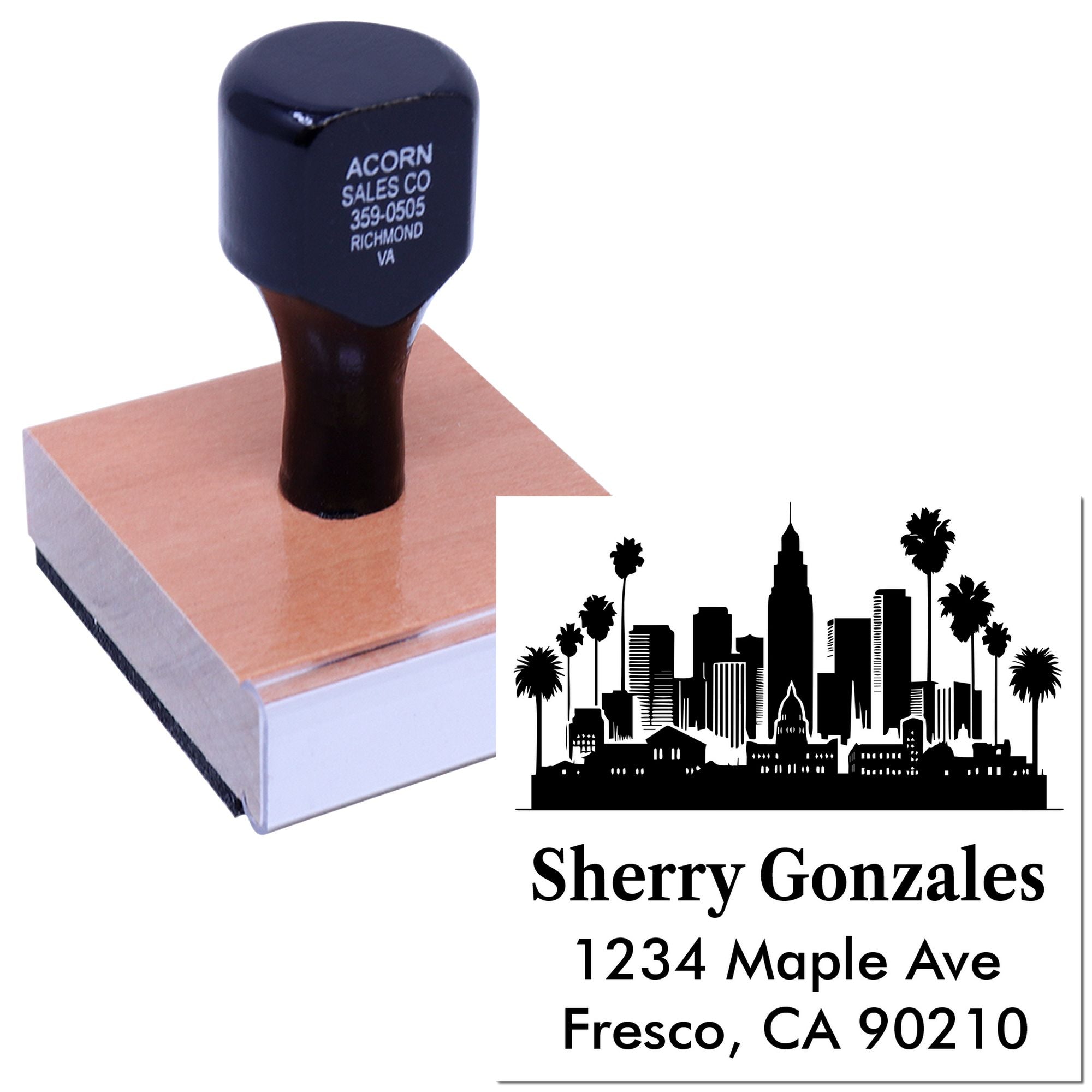 Personalized return address rubber stamp with city skyline and palm tree design for Sherry Gonzales, Fresno, CA.