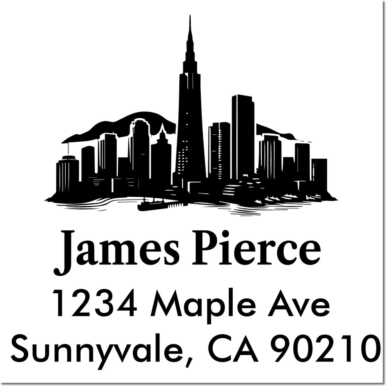 Custom address rubber stamp with skyline logo and return address for James Pierce, 1234 Maple Ave, Sunnyvale, CA 90210.