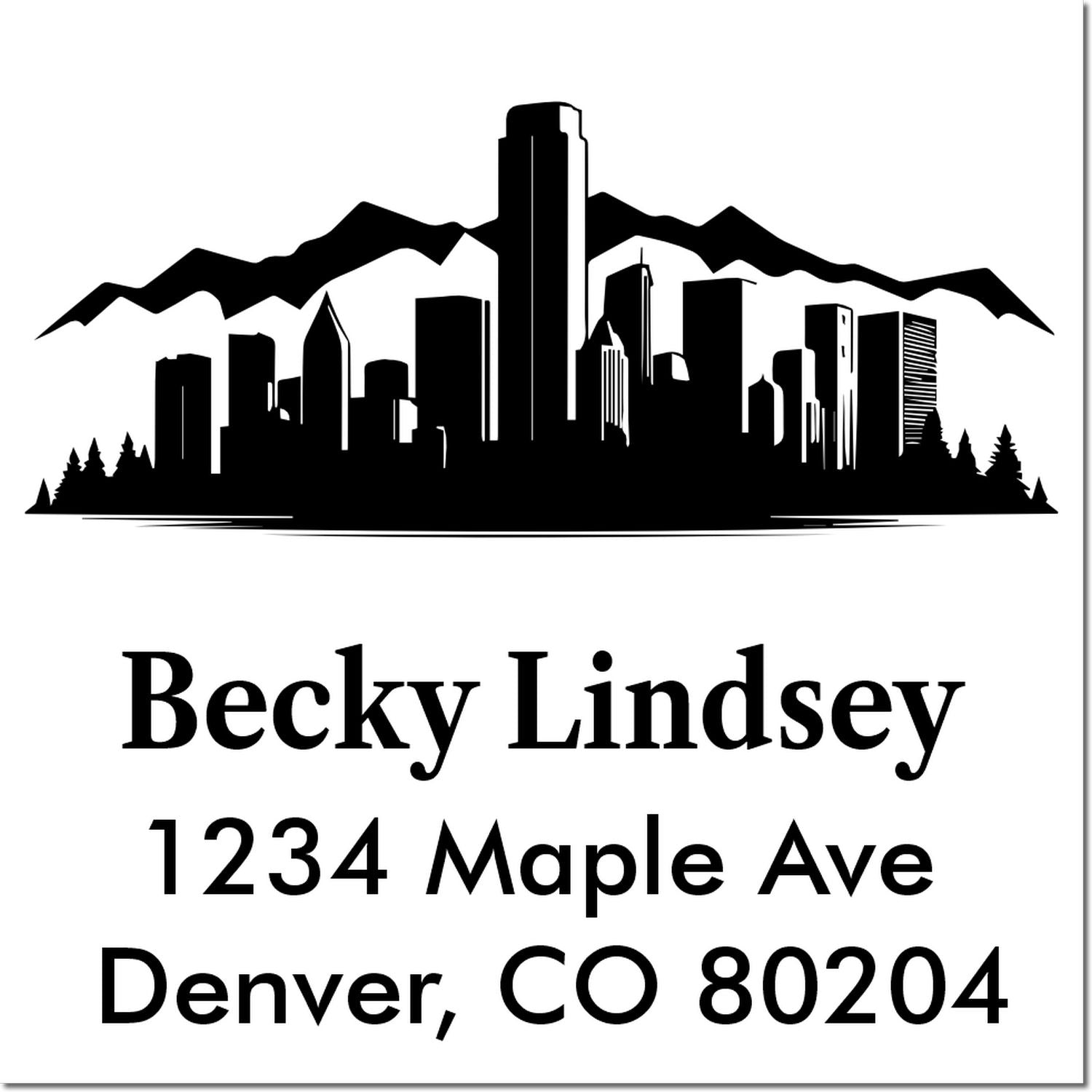 Custom Denver skyline return address rubber stamp for Becky Lindsey, 1234 Maple Ave, Denver, CO 80204.