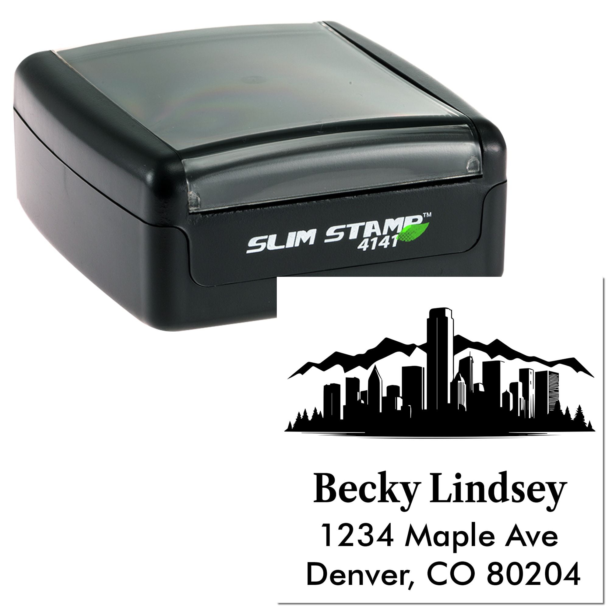 Custom self-inking slim address rubber stamp with Denver skyline design, showing Becky Lindsey name and mailing address.