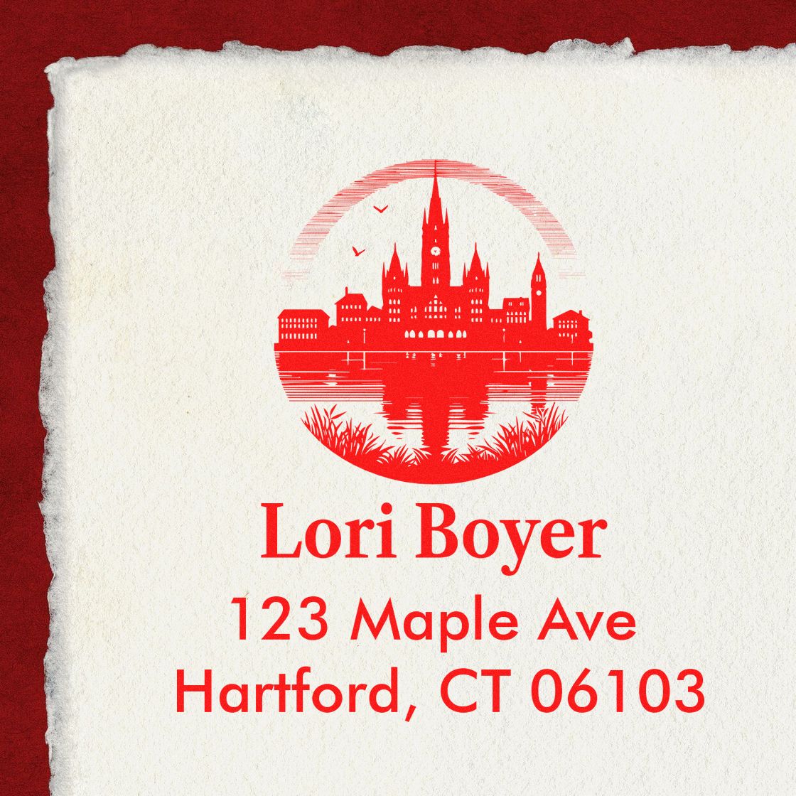 Personalized return address rubber stamp for Lori Boyer, 123 Maple Ave, Hartford, CT 06103 with skyline logo.