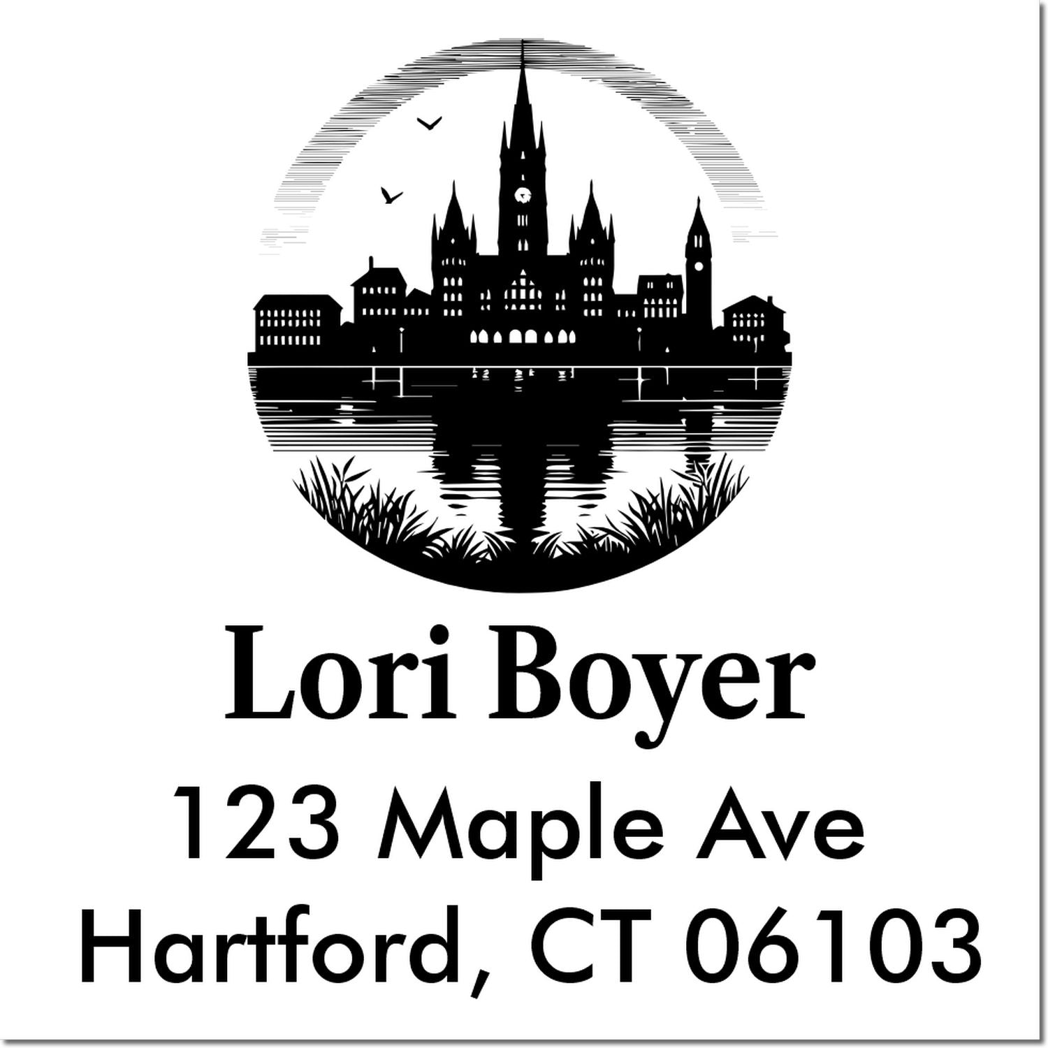 Custom return address rubber stamp with Hartford skyline silhouette and Lori Boyer, 123 Maple Ave, Hartford, CT 06103