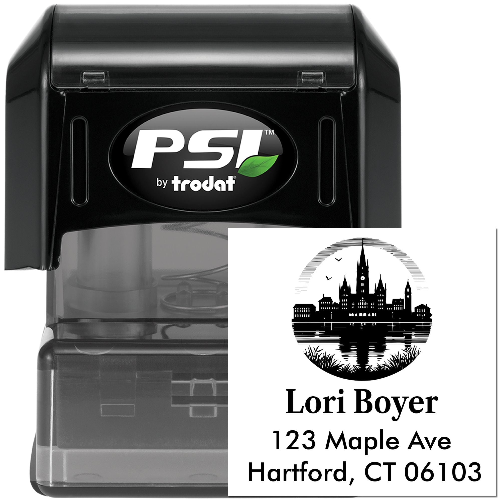 Custom self-inking PSI by Trodat return address rubber stamp with Lori Boyer, Hartford CT, and skyline design