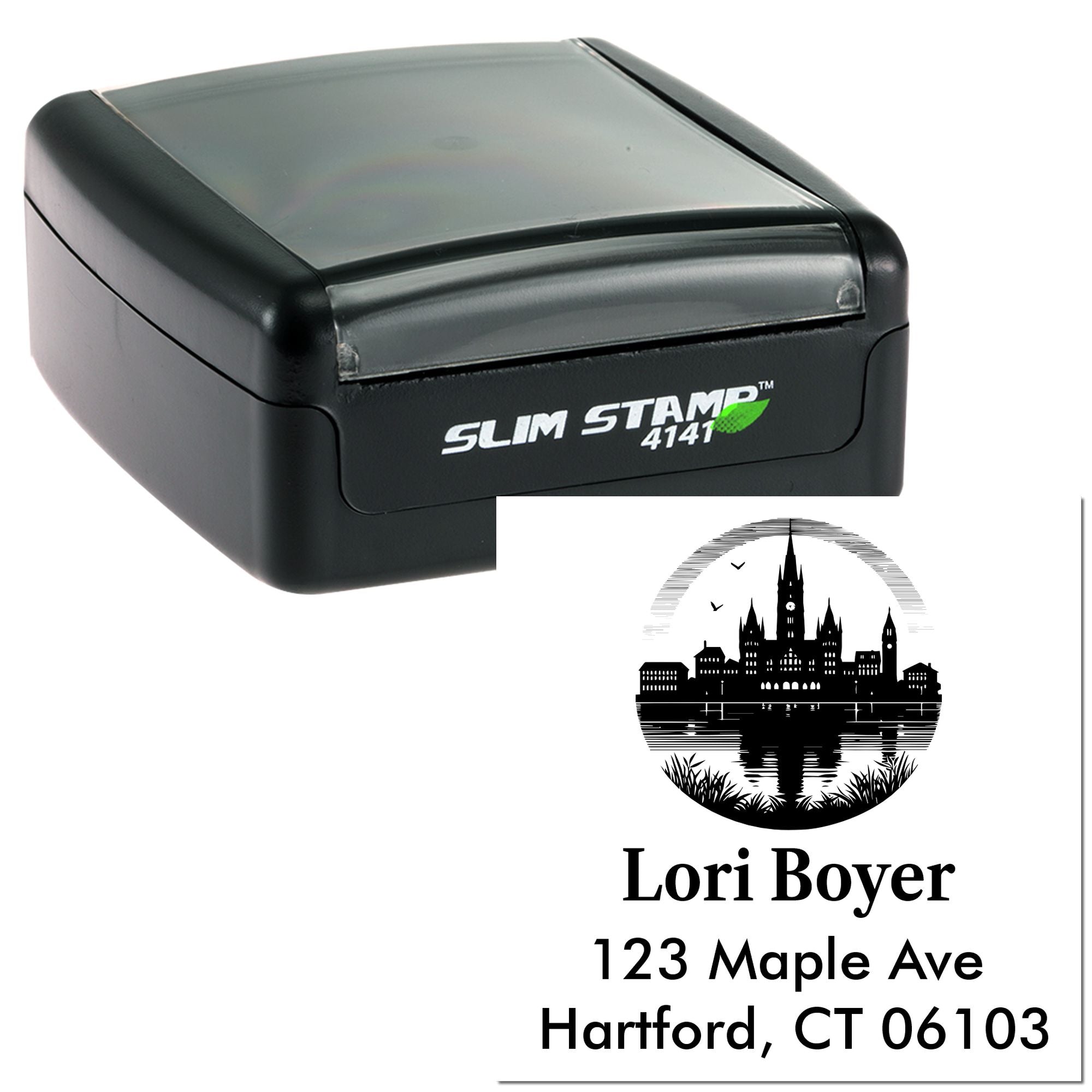 Personalized self-inking rubber address stamp with skyline design, Lori Boyer name, Hartford, CT 06103, Slim Stamp 4141