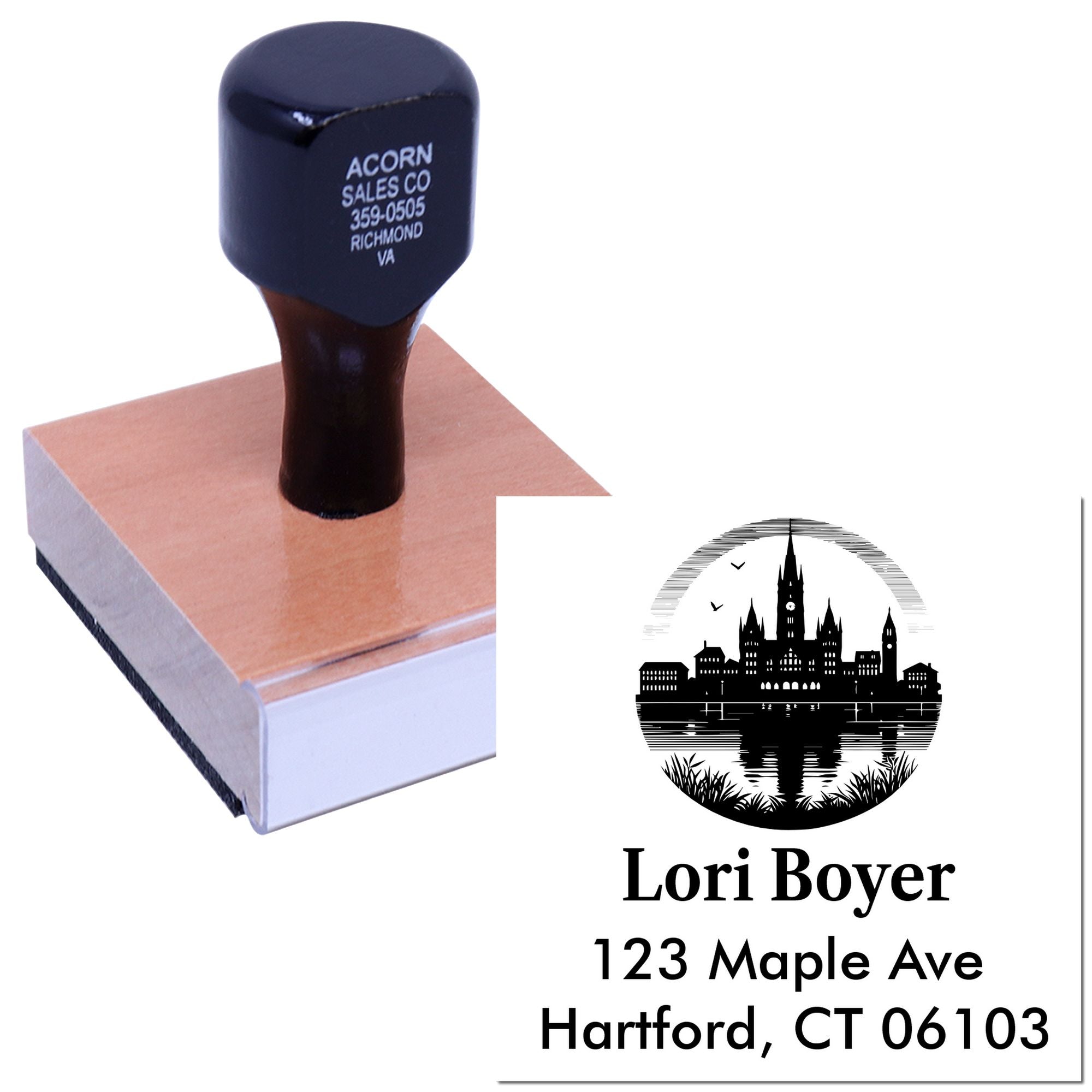 Custom rubber address stamp with logo imprint for Lori Boyer, Hartford, CT, shown on a stamp block.