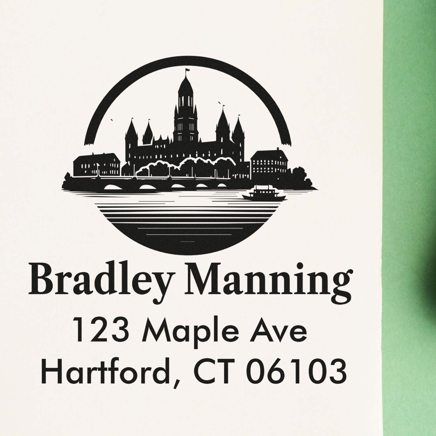 Custom Hartford CT return address rubber stamp with skyline logo for Bradley Manning, 123 Maple Ave, Hartford, CT 06103.