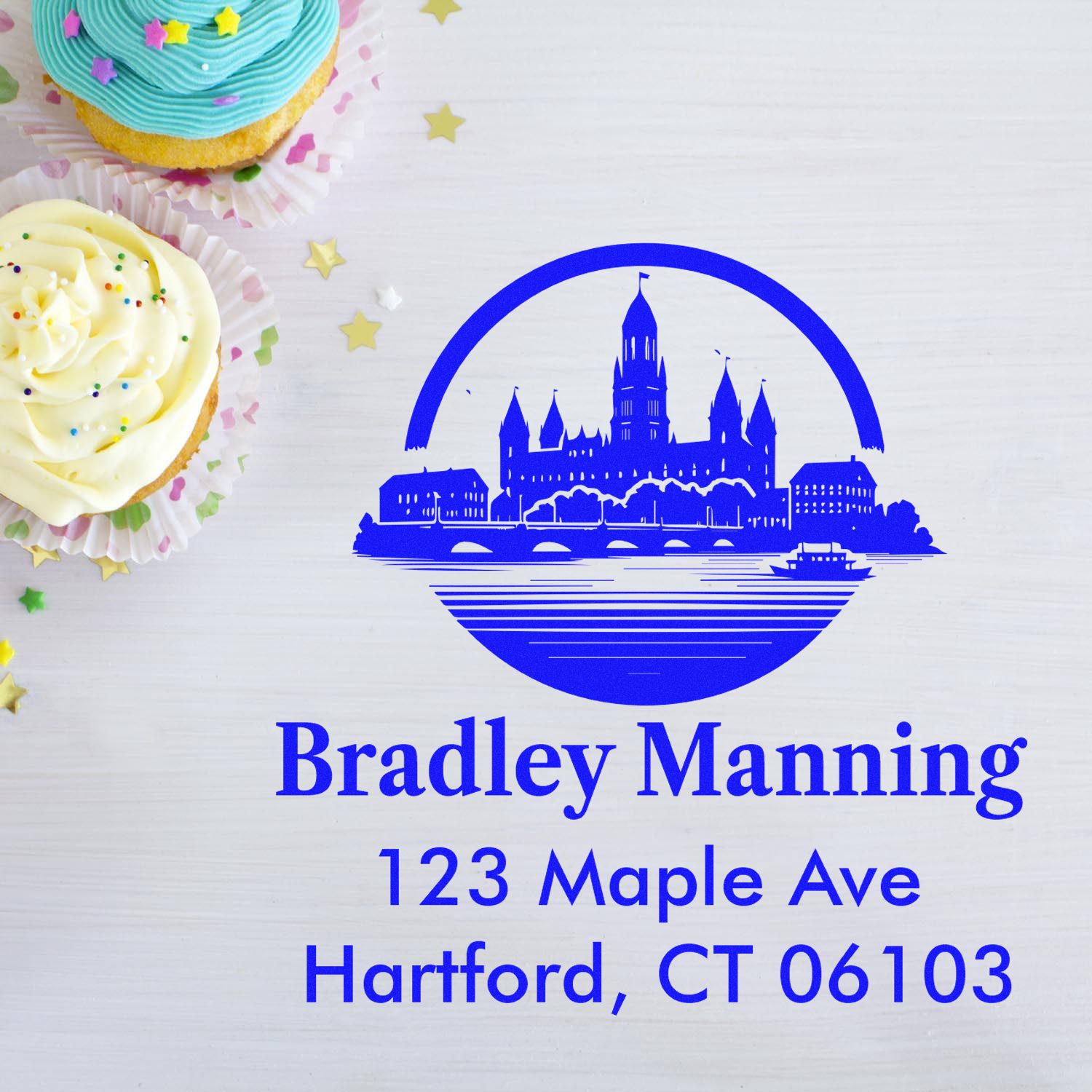 Personalized address rubber stamp with Hartford skyline for Bradley Manning, 123 Maple Ave, Hartford, CT 06103