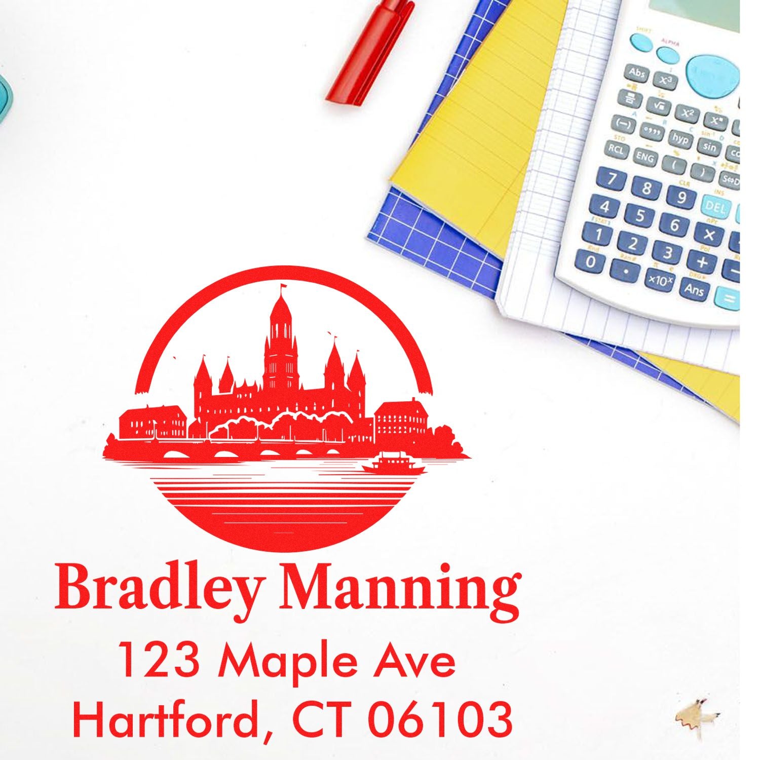 Personalized rubber address stamp for Bradley Manning, 123 Maple Ave, Hartford, CT 06103, with custom city skyline logo.