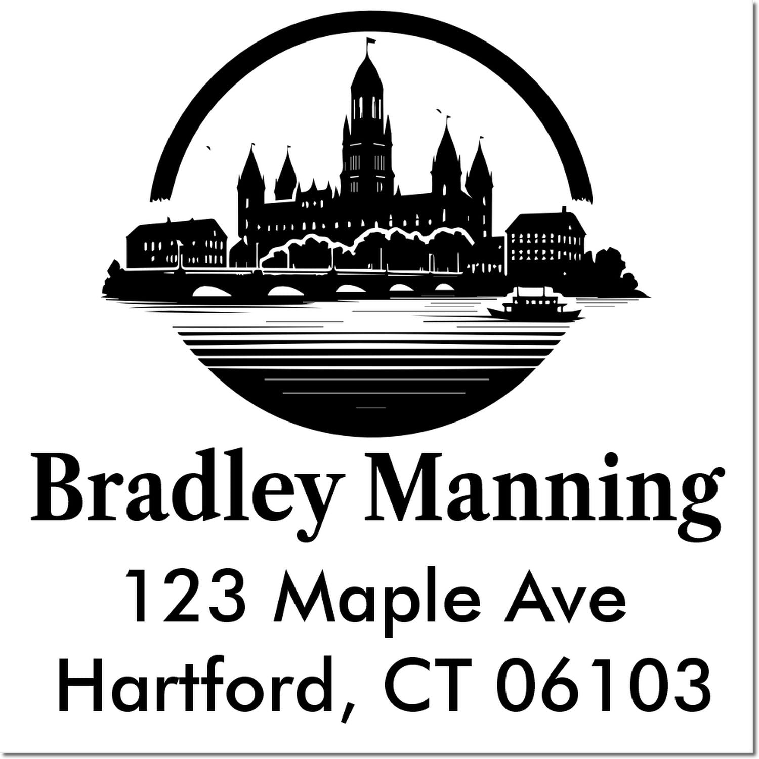 Custom address rubber stamp with Hartford skyline, Bradley Manning, 123 Maple Ave, Hartford, CT 06103.