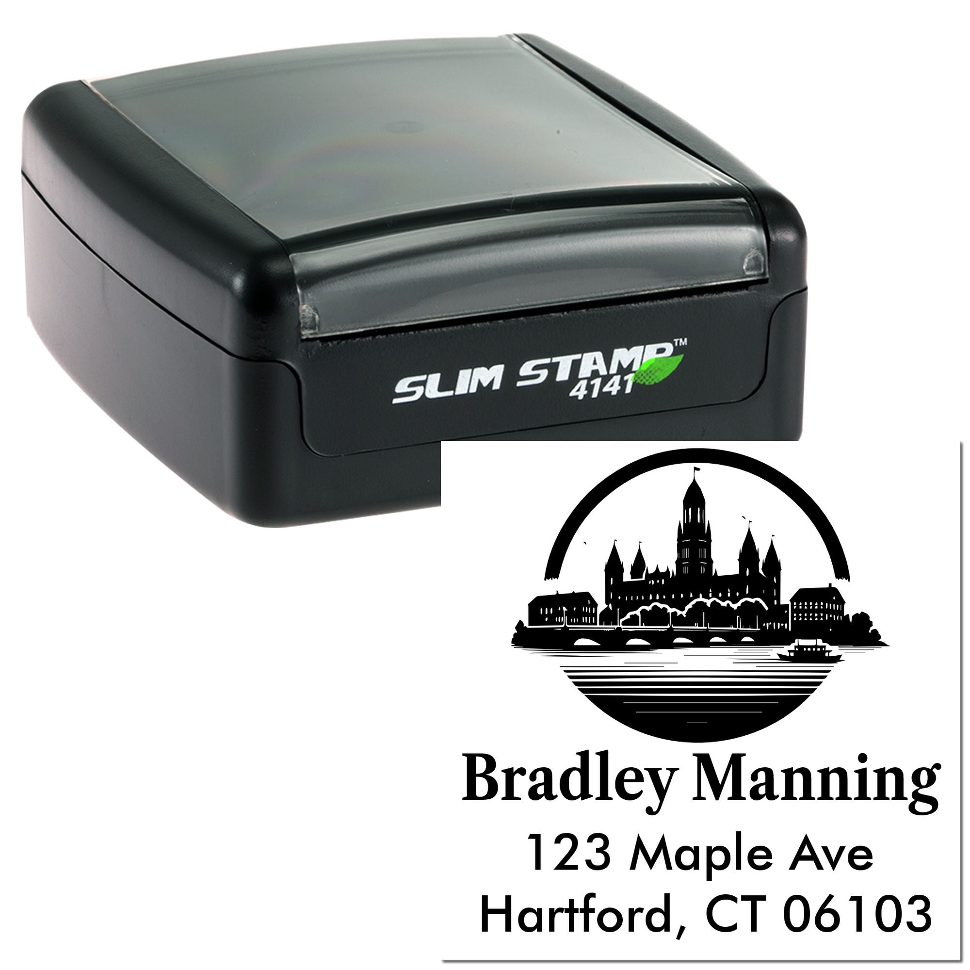 Custom self-inking address rubber stamp with skyline logo and name, ideal for mailing and business branding.