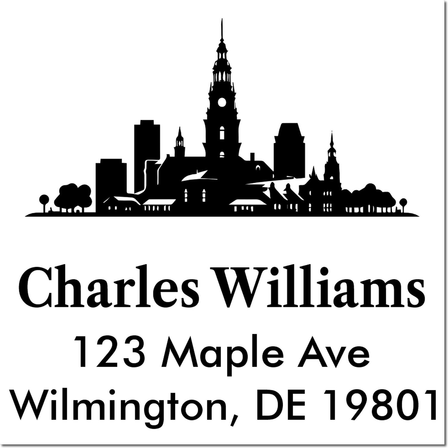 Personalized return address rubber stamp with city skyline, Charles Williams, 123 Maple Ave, Wilmington, DE 19801