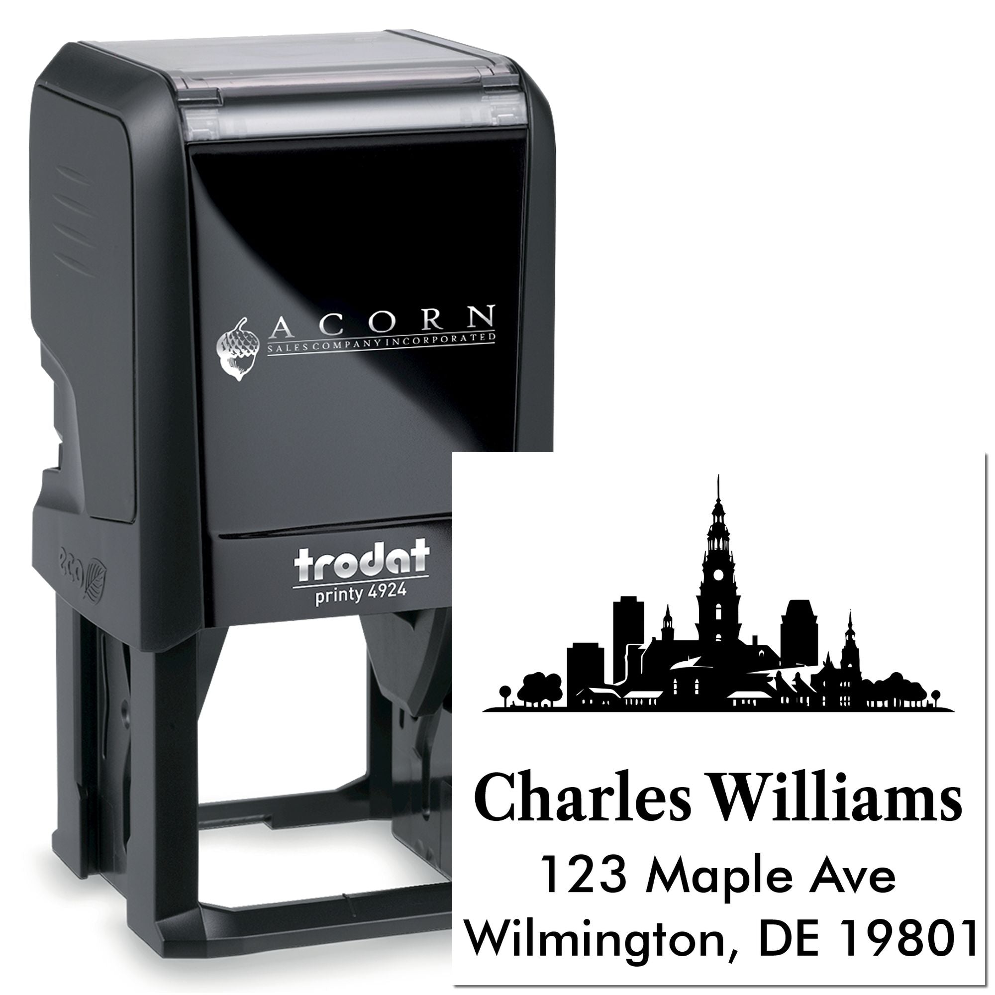 Trodat Printy 4924 custom self-inking address stamp with skyline logo, Charles Williams, Wilmington DE 19801